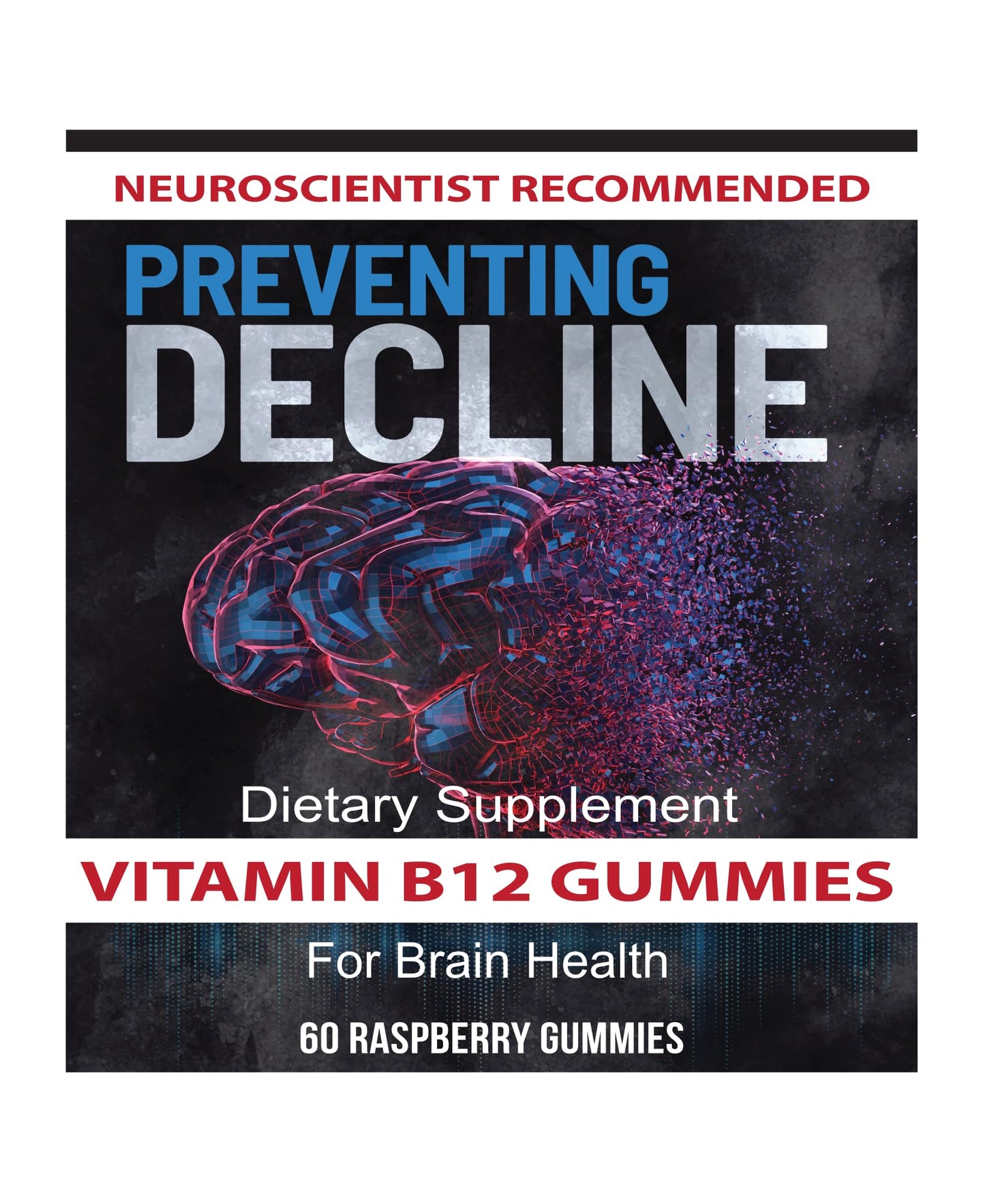 PREVENTING DECLINE Vitamin B12 Gummies 3000mcg, Vegan, Raspberry Flavor, Energy & Mood Support, 60 Count
