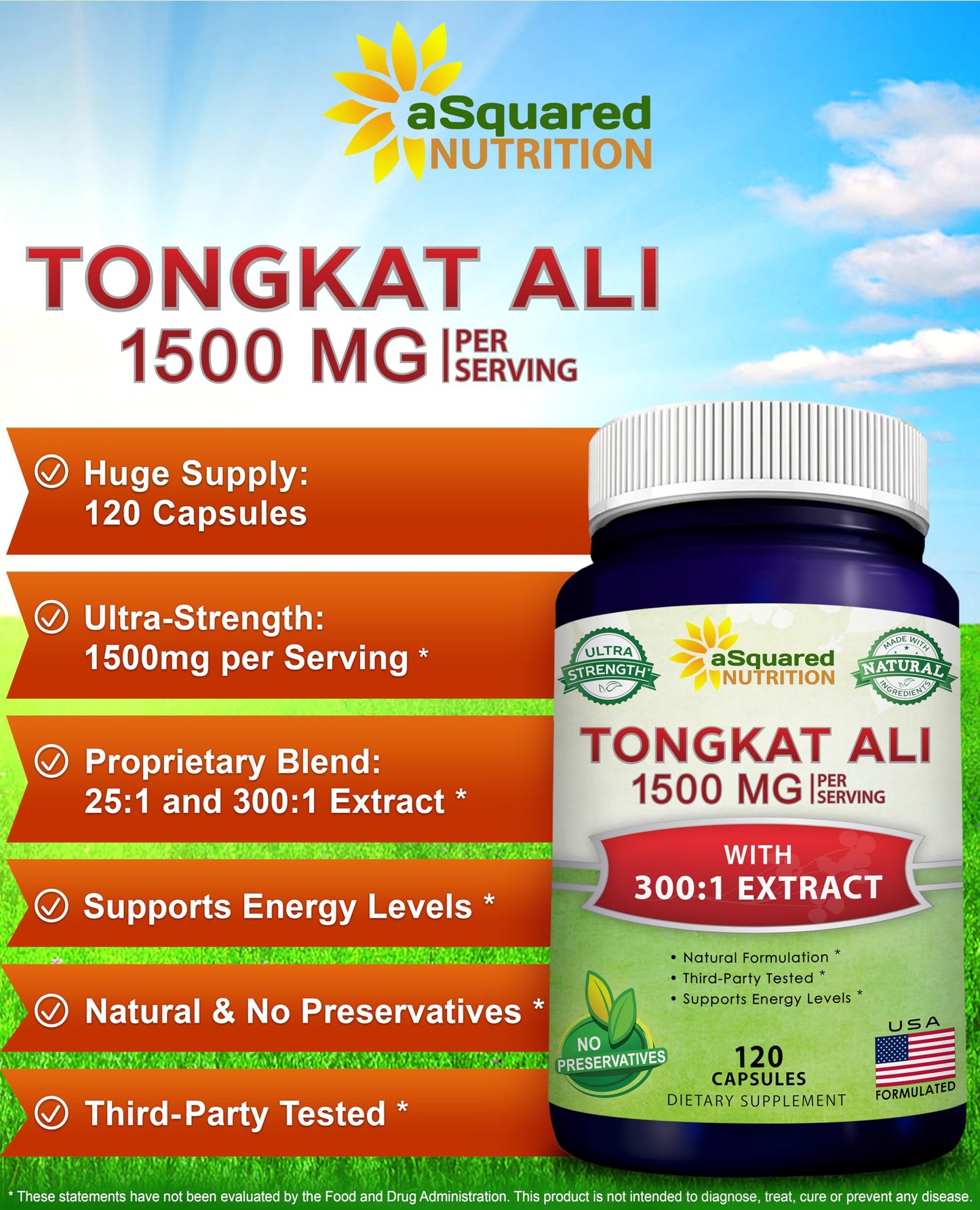 aSquared Nutrition Tongkat Ali 1500mg Longjack Extract Capsule 120 Count