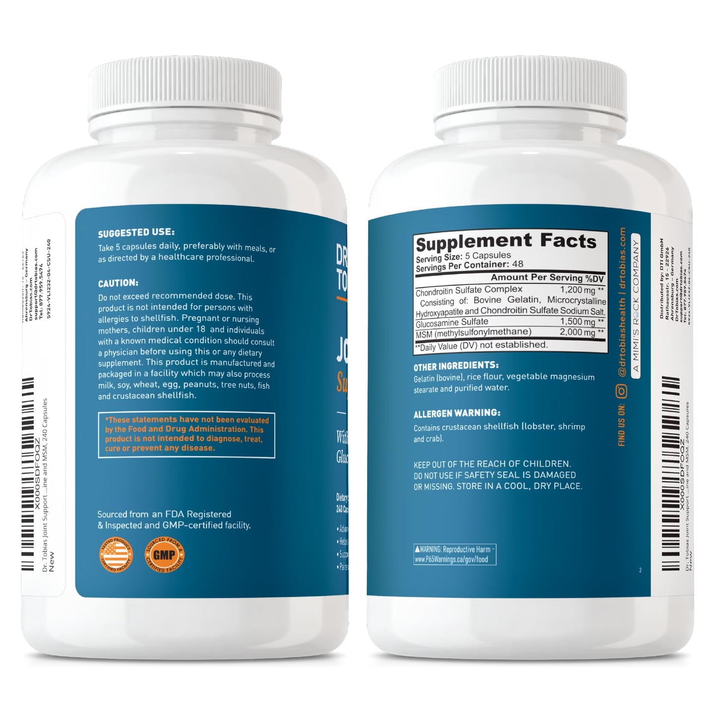 Dr. Tobias Joint Support Supplement with Glucosamine Chondroitin MSM Capsules, 240