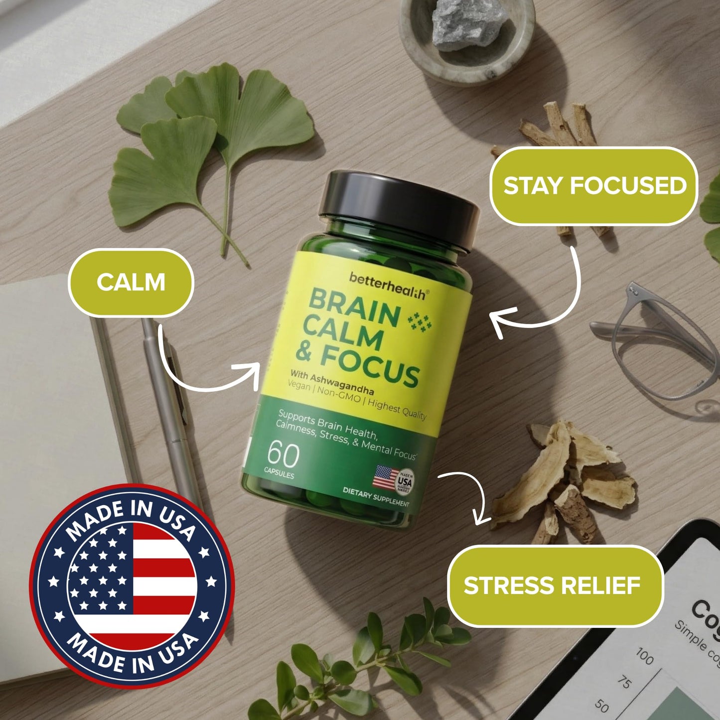 BetterHealth Brain Health Supplement for Memory, Focus & Calm, Cognitive Support with Ashwagandha, L-Theanine, Alpha GPC, Bacopa & Ginkgo, Daily Brain Support, 60 Capsules