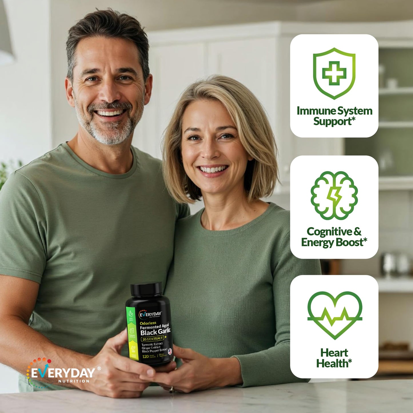 EVERYDAY NUTRITION Odorless Fermented Aged Black Garlic Extract with Turmeric Complex, Ginger, Black Pepper Extract 90 Capsules