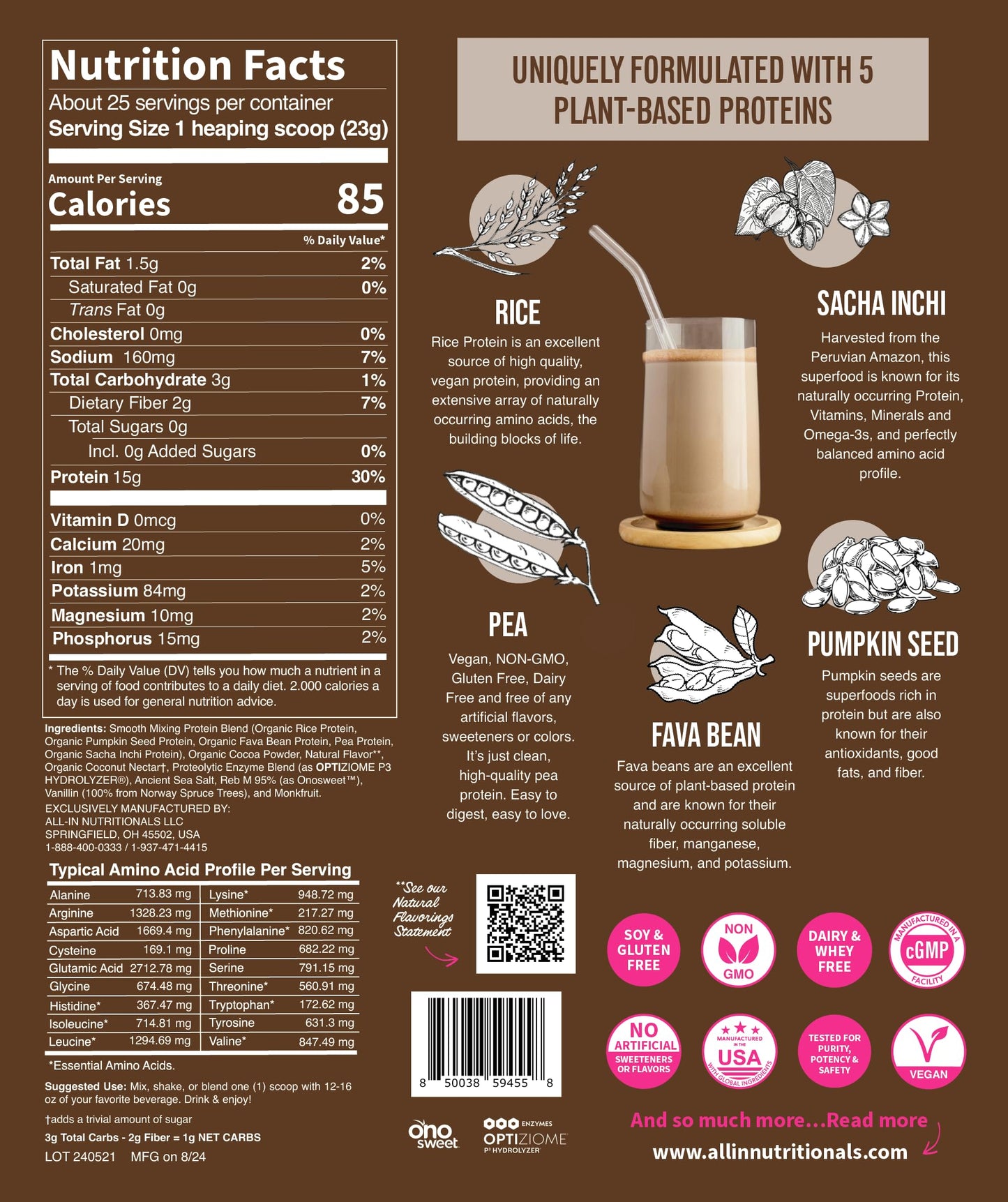 All In Nutritionals EZ Plant Protein Powder, Chocolate, 19.4 oz