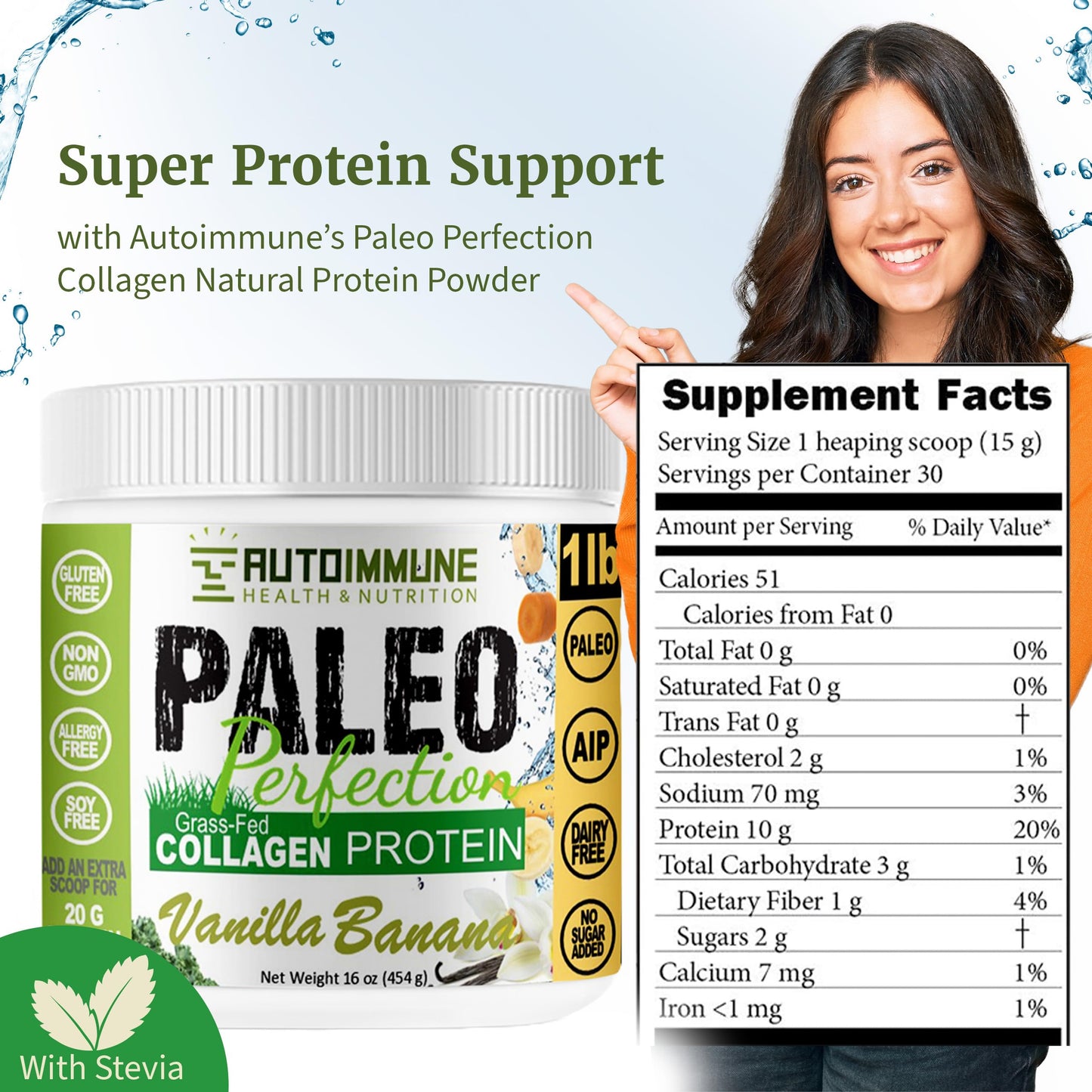 Autoimmune Health & Nutrition Paleo Perfection Vanilla Banana Grass Fed Beef Collagen Protein Powder with Stevia, 10.5 Ounce