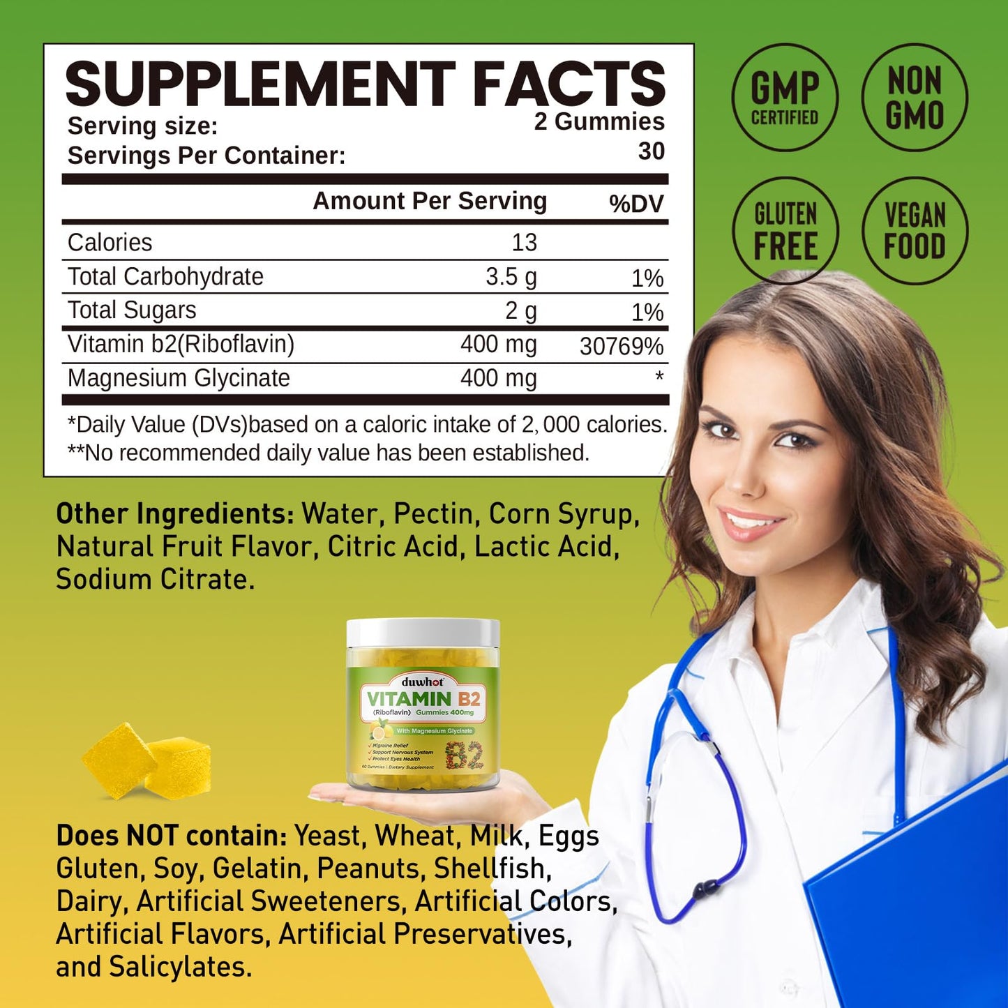 duwhot Vitamin B2 Riboflavin Gummies with Magnesium 400mg, 60 Count
