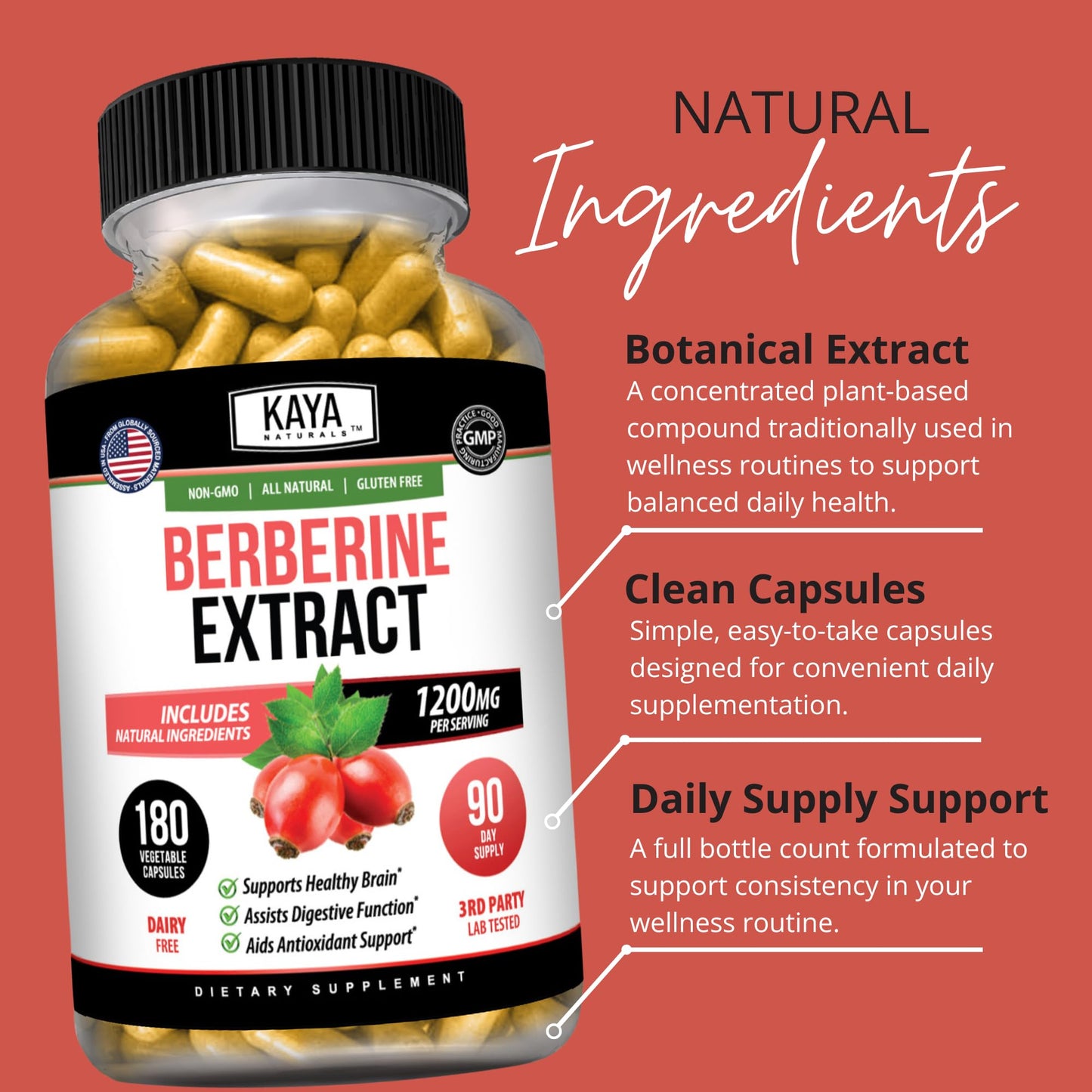 Kaya Naturals Berberine HCL Extract 1200mg Capsule, 180 Count