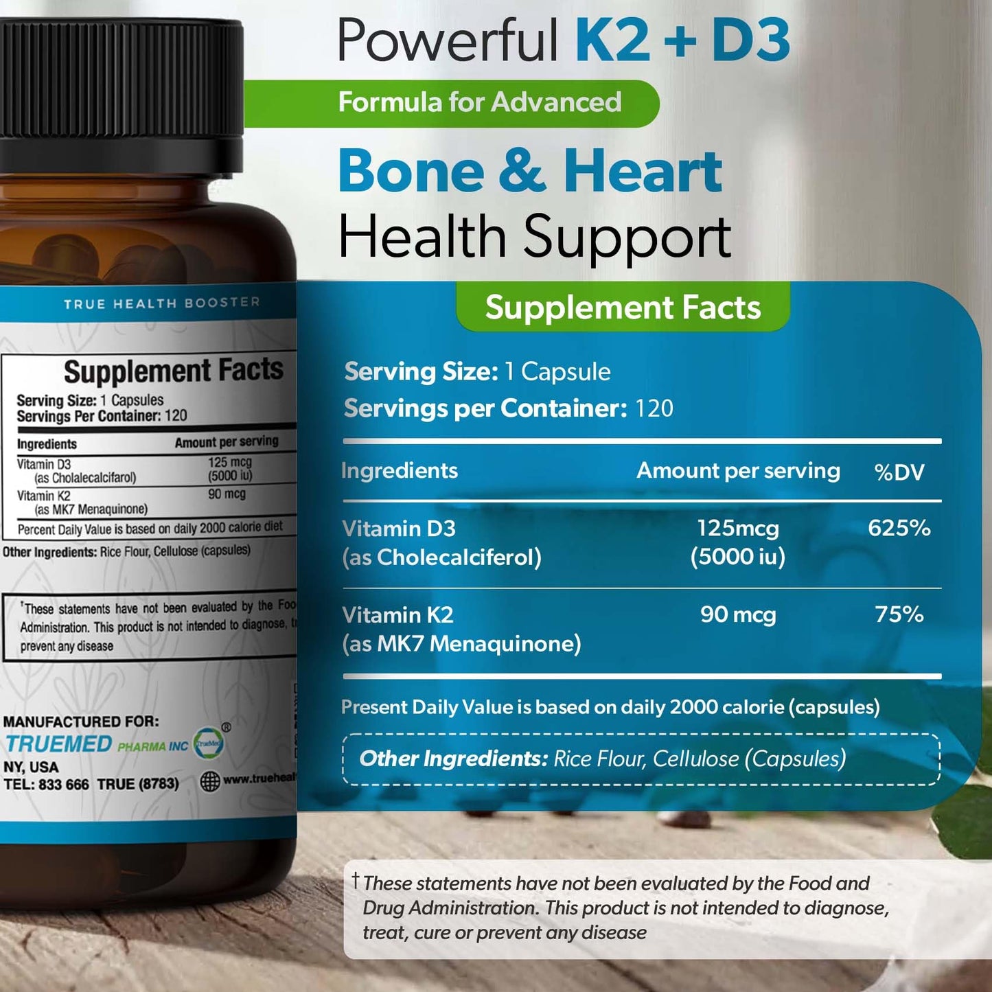 TRUEMED Vitamin D3 K2 5000 IU MK-7 90 mcg Veg Capsules, 120 Count