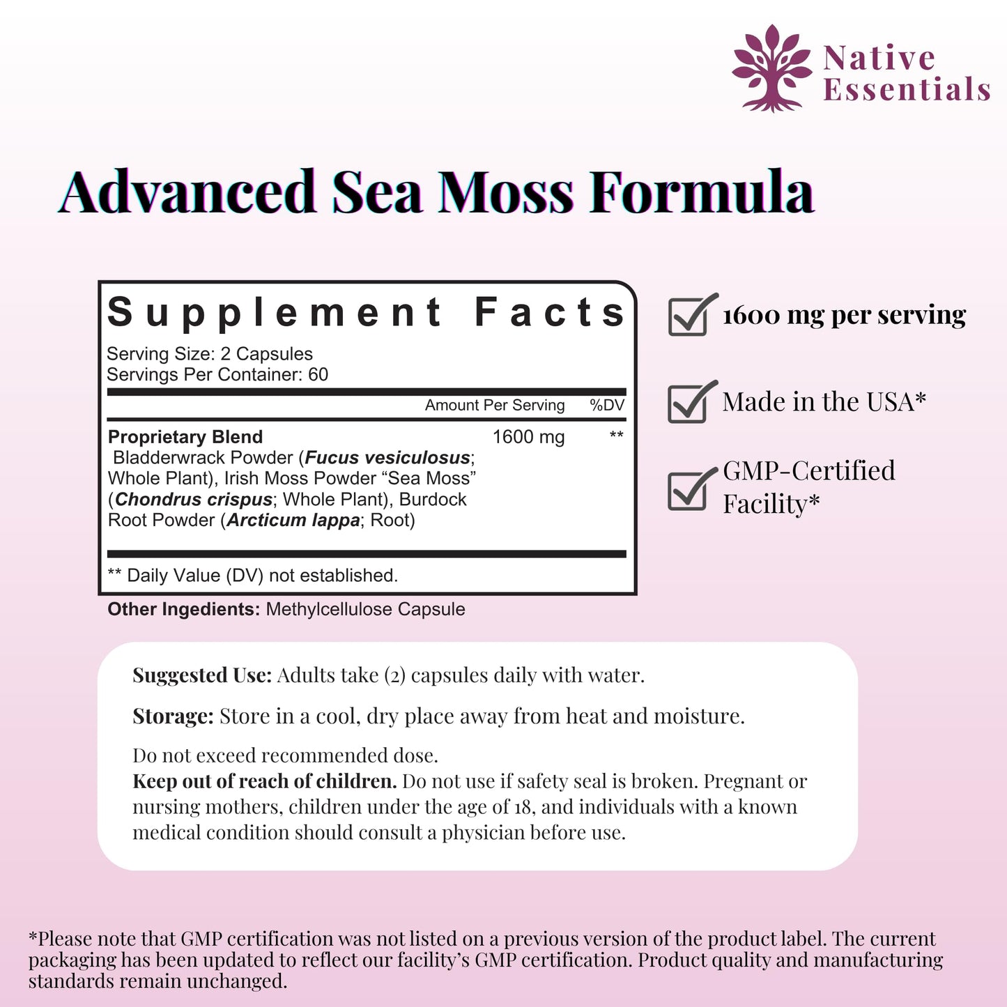 Native Essentials Sea Moss Complex 1600mg - Thyroid Immunity Skin Support Capsule, 120 Count