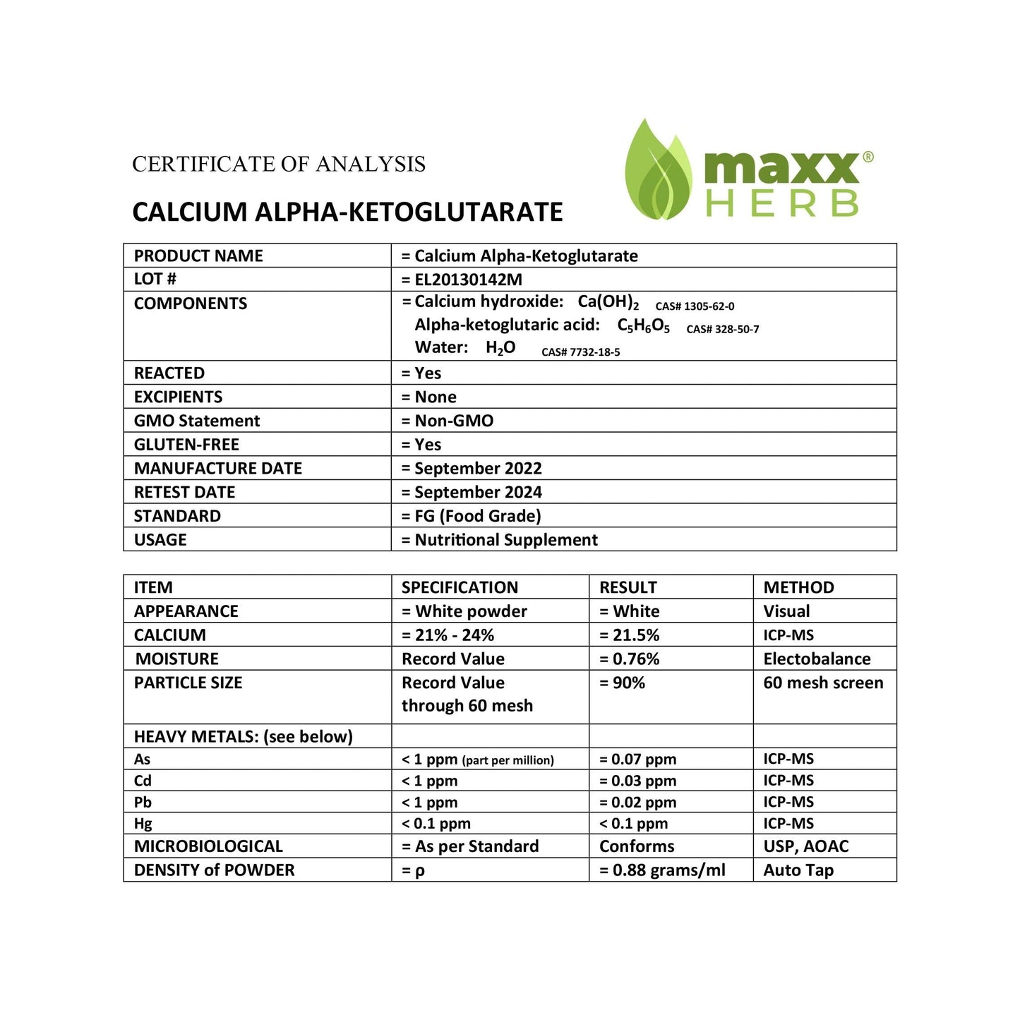 Maxx Herb Calcium AKG, Pure Calcium Alpha-Ketoglutarate (Ca-AKG) Powder 3.53 oz