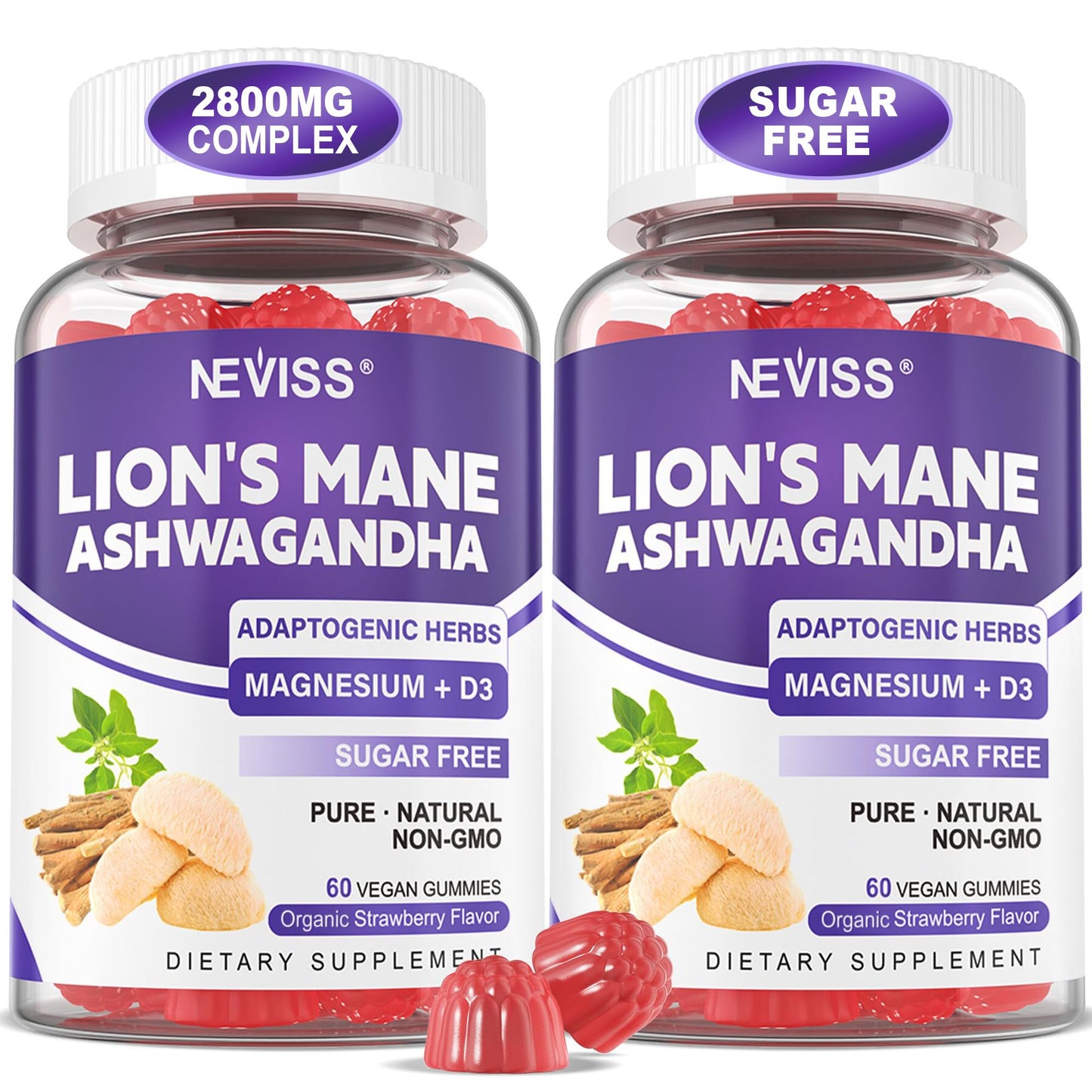NEVISS Lions Mane Ashwagandha Magnesium Glycinate Calm Gummies 120