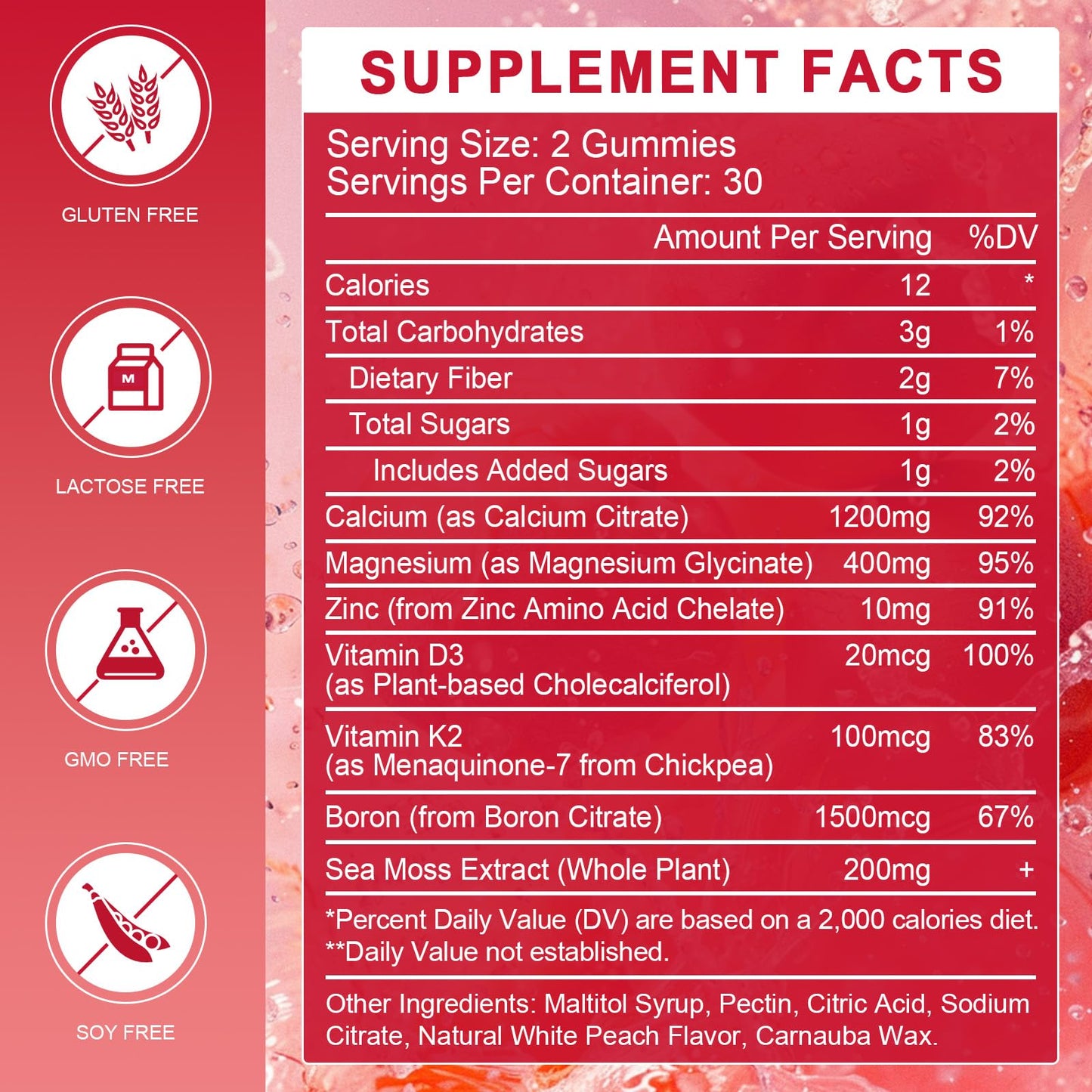 WOGORGT Calcium Citrate 1200mg Gummies with Vitamin D3 K2, Chewable Calcium Magnesium Zinc with Sea Moss Extract for Bone, Teeth, Immune Support, White Peach Flavor, 60 Gummies