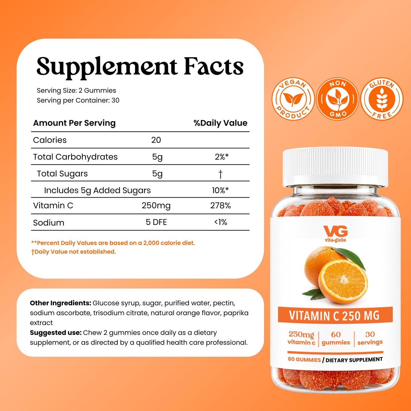 Vita Globe Vitamin C Gummies with Collagen 250mg, 60 Count