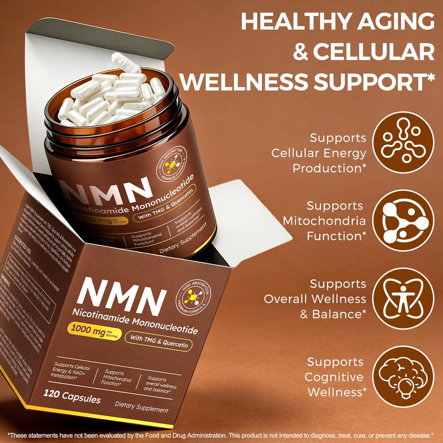 YJDHRPBI NMN Supplement, NAD+ Precursor, 10-in-1 with Nicotinamide Mononucleotide, Resveratrol, CoQ10, Quercetin & Glutathione, Supports Cellular Energy & Longevity, Capsule, 120 Count