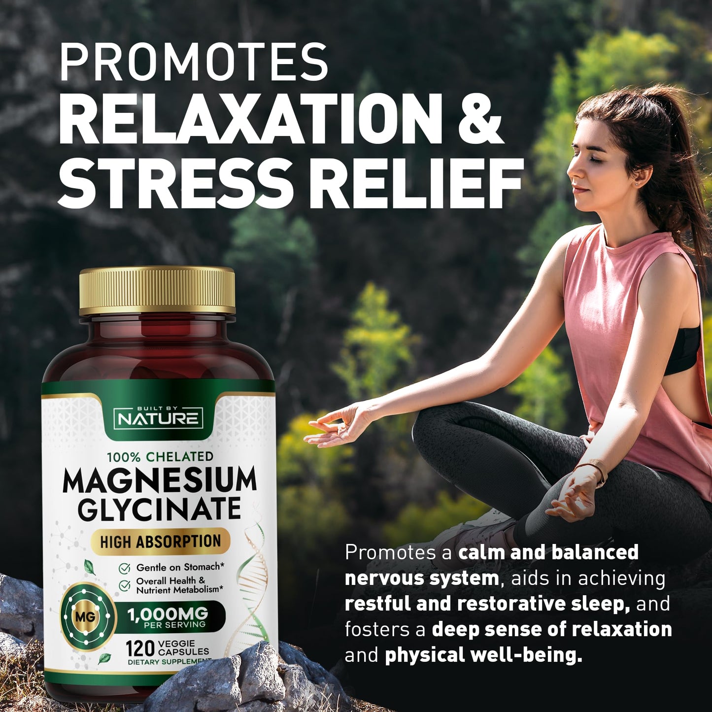 Built by Nature Magnesium Glycinate 1000mg High Absorption Magnesium Supplement – 100% Chelated, Gentle on Stomach – Muscle, Heart, Bone & Relaxation Support, Non-GMO, Vegan, 120 Capsules