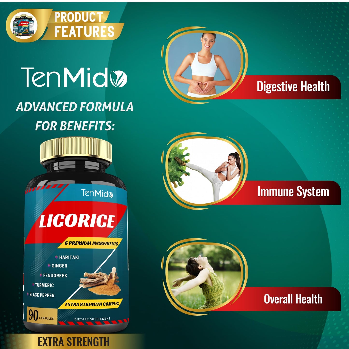 Tenmido Licorice Extract Capsules with Turmeric, Ginger, Fenugreek, Haritaki, Black Pepper - Digestion Support - 90 Count