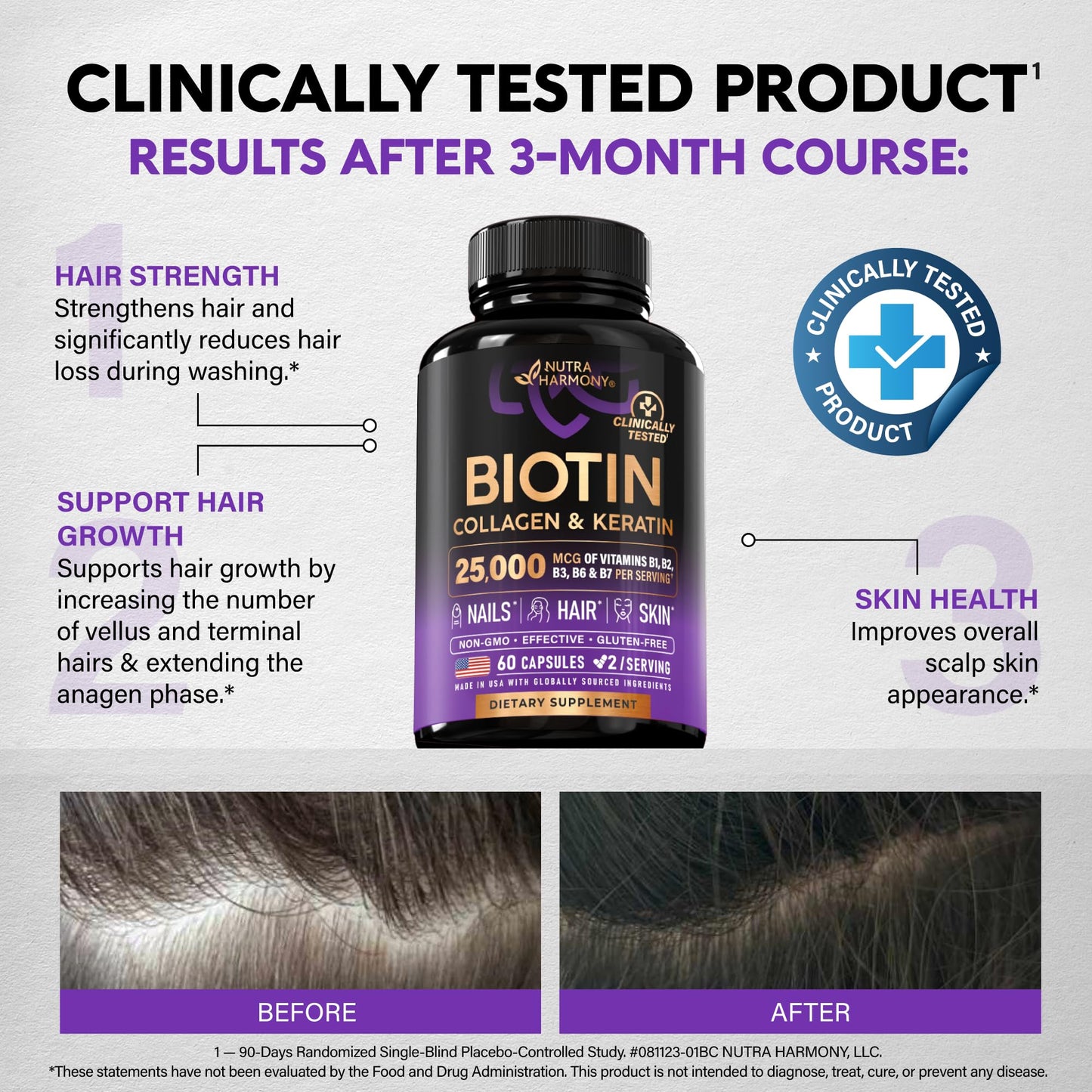 NUTRAHARMONY Biotin, Collagen, Hyaluronic Acid & Keratin Hair Growth Support, 60 Capsules