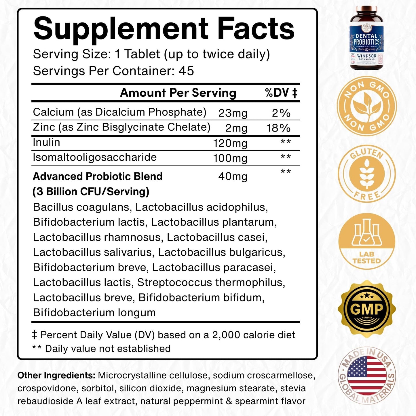 Windsor Botanicals Oral Probiotics for Teeth and Gums 90 Tablets