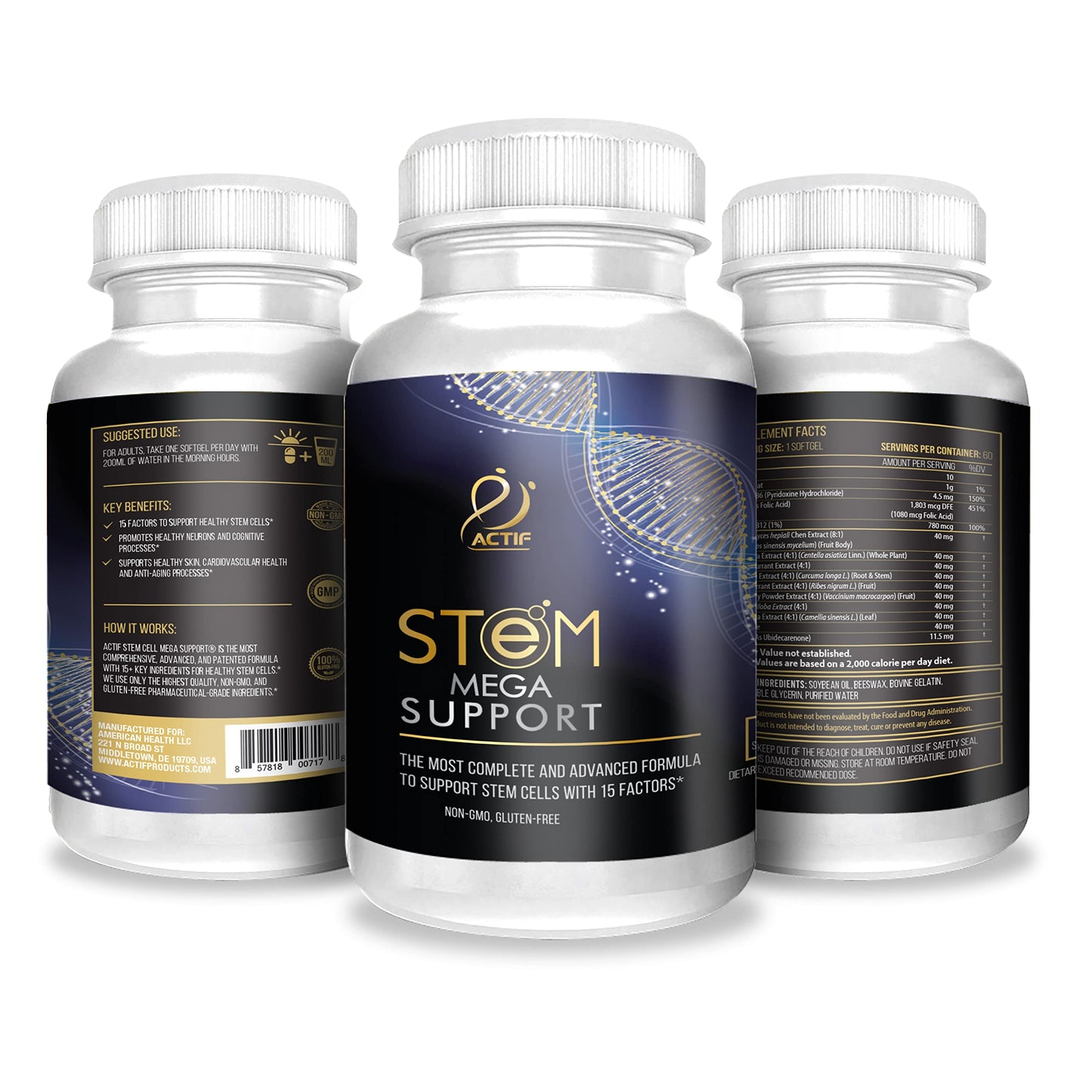 ACTIF Stem Cell Mega Support with 15 Factors Capsules, 60 Count