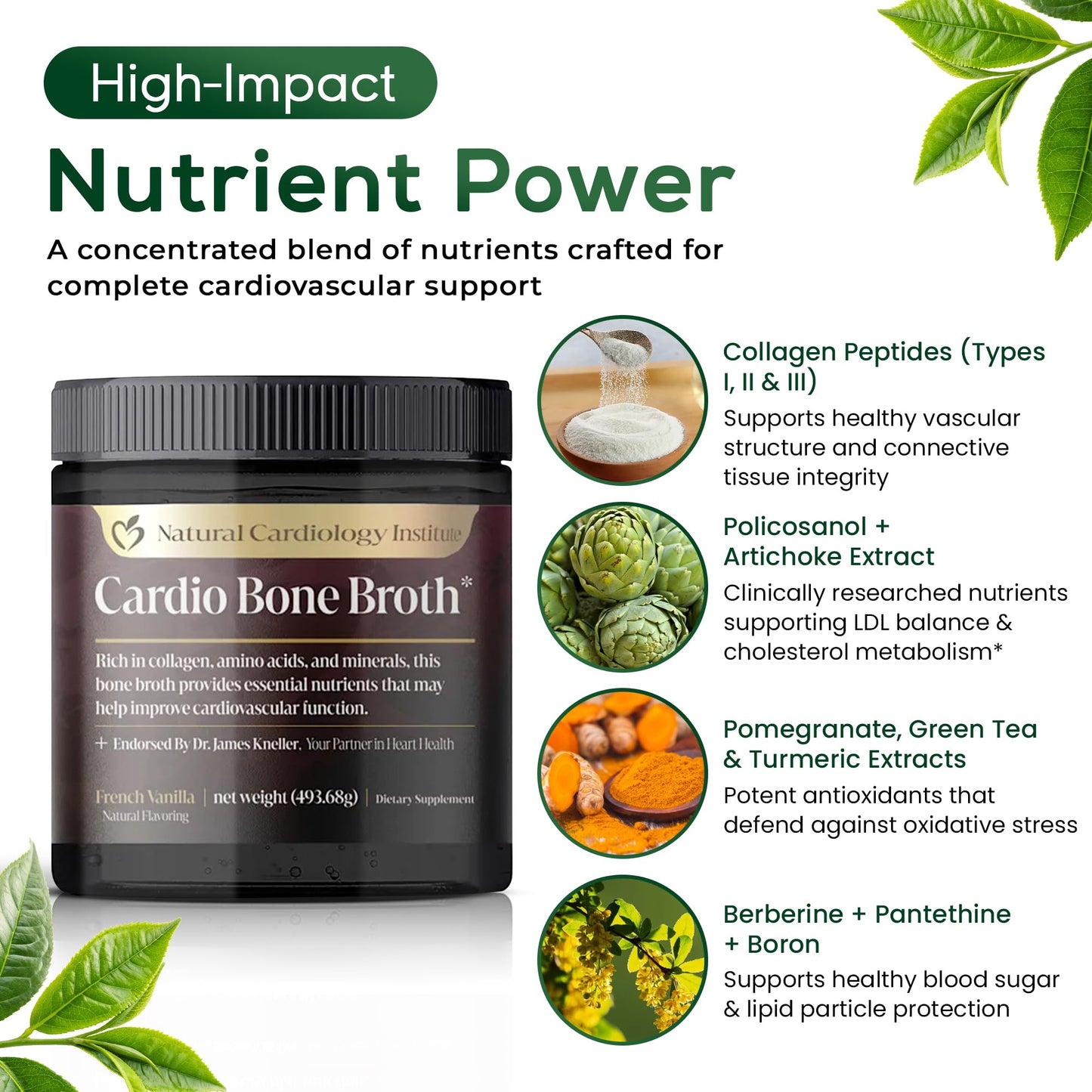 Natural Cardiology Institute Cardio Bone Broth Protein Powder Vanilla 17.4 Ounce
