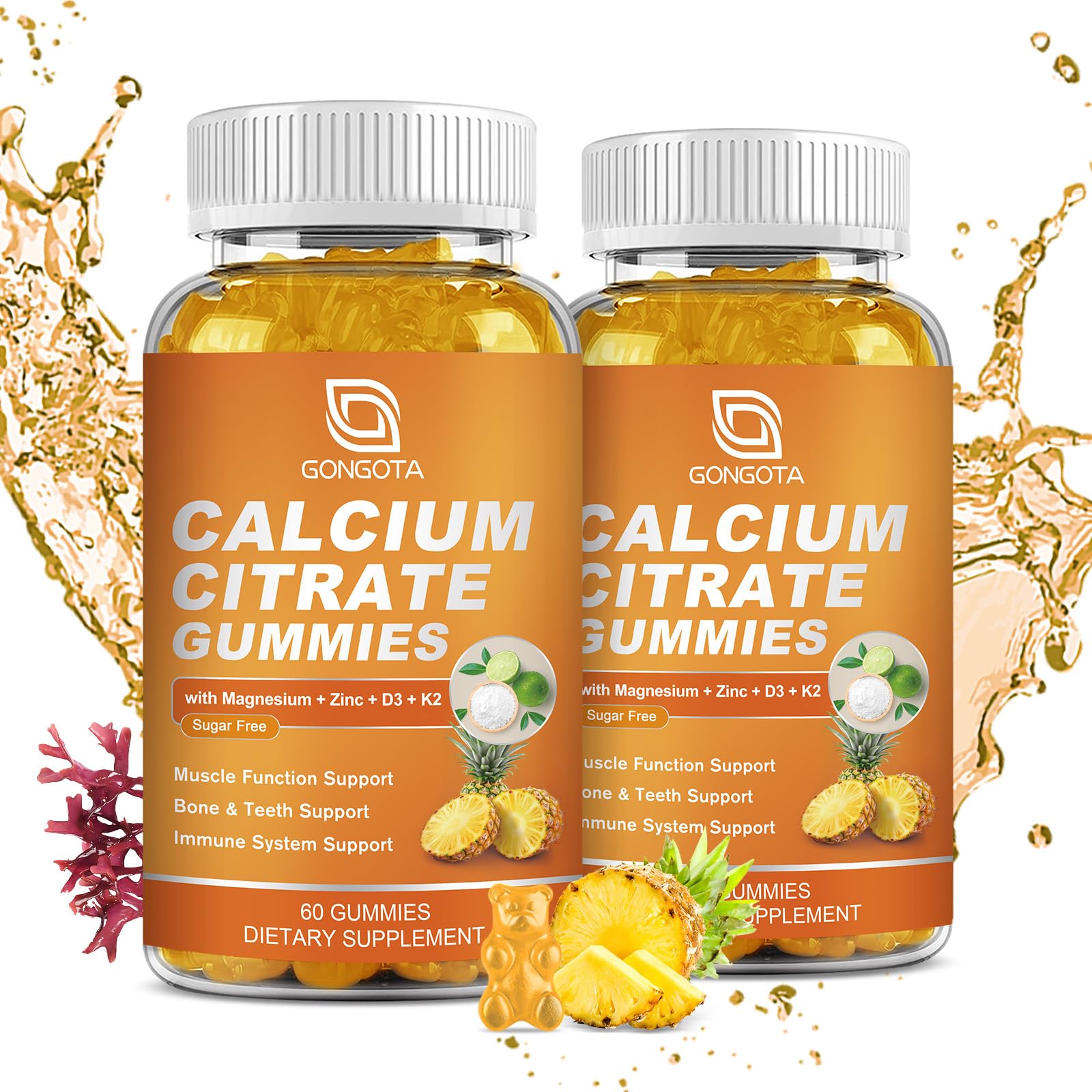 GONGOTA Calcium Citrate 1200mg with Vitamin D3 Gummy, Chewable Calcium for Bone, Muscle, Joints, Immune Support, Sugar Free Pineapple Flavor - 120 Gummies