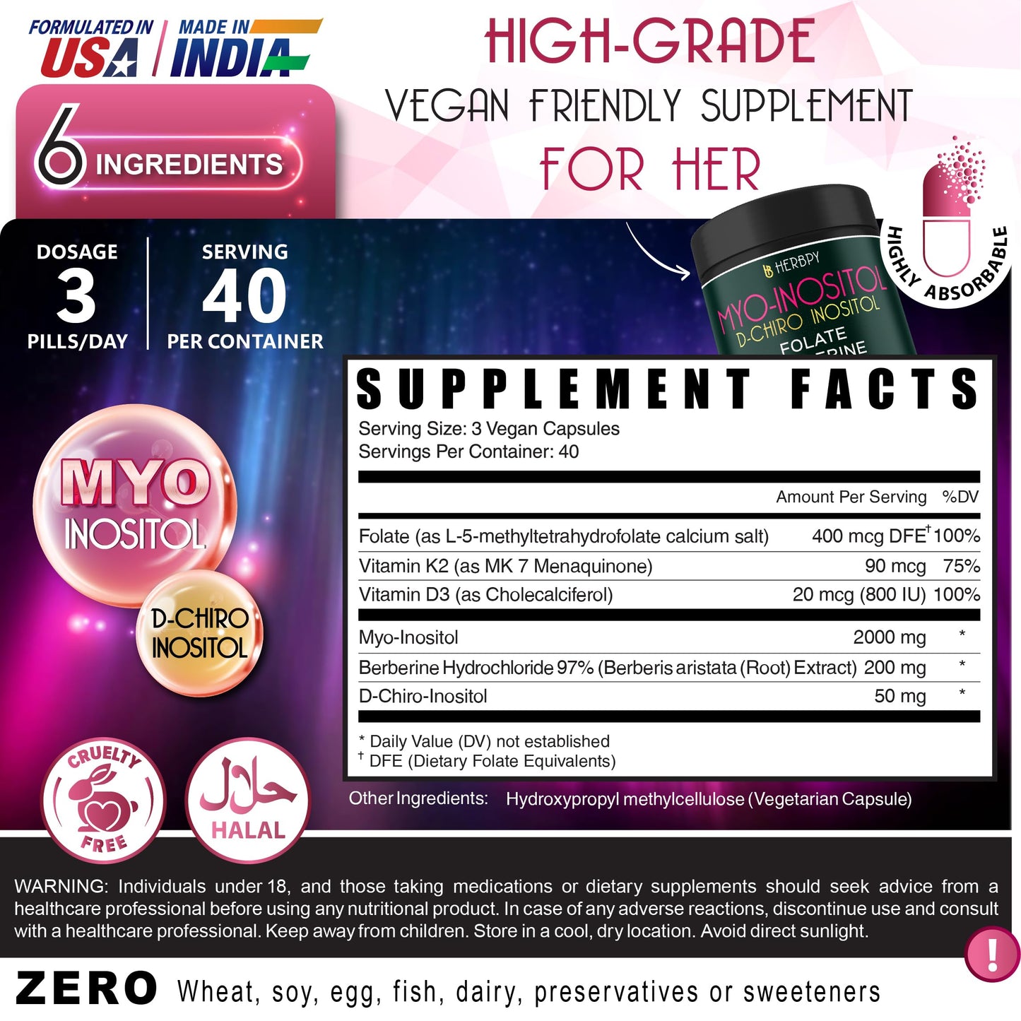 Herbpy 6in1 Premium 40:1 Myo-Inositol & D-Chiro Inositol Supplement for Women with Folate, Berberine HCl 97%, Vitamin D3 & K2, Hormonal Balance & Ovarian Health Support, 120 Capsules