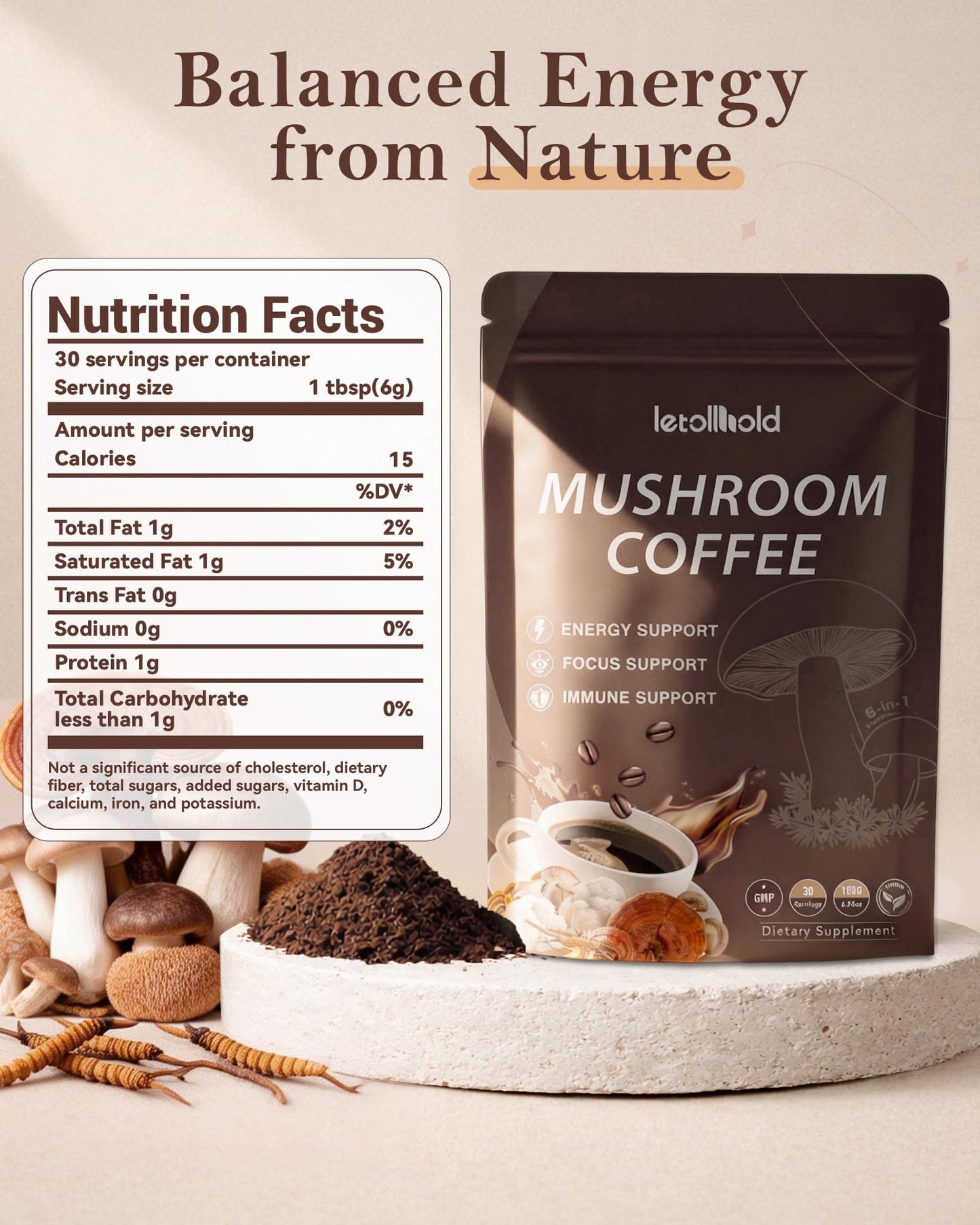 letollhold Mushroom Coffee 6-in-1 Adaptogenic Instant Mushroom Coffee with Cordyceps, Reishi, King Trumpet, Shiitake, Turkey Tail & Lion’s Mane for Energy, Digestion & Immunity Support Powder 6.3 oz