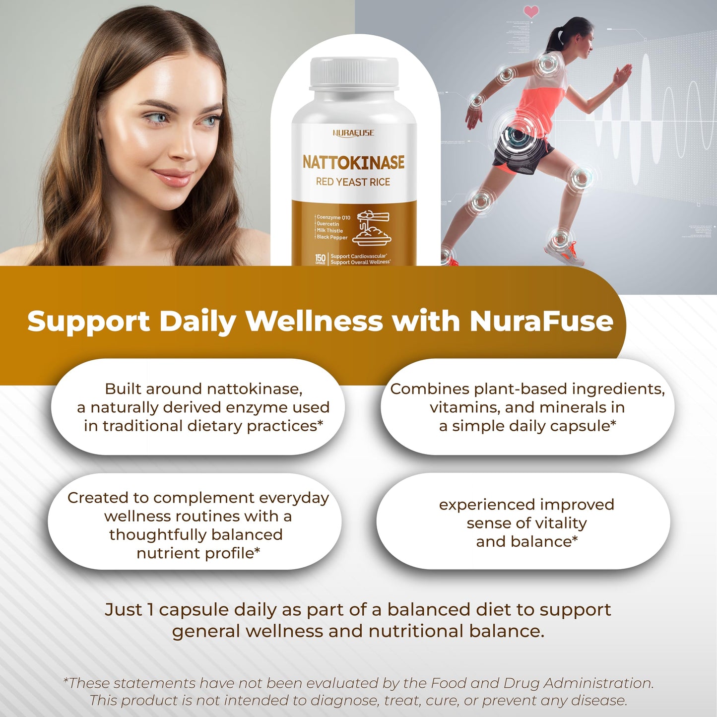 NURAFUSE Nattokinase 11-in-1 Formula with Red Yeast Rice CoQ10, Quercetin, Milk Thistle & Resveratrol, 150 Capsules