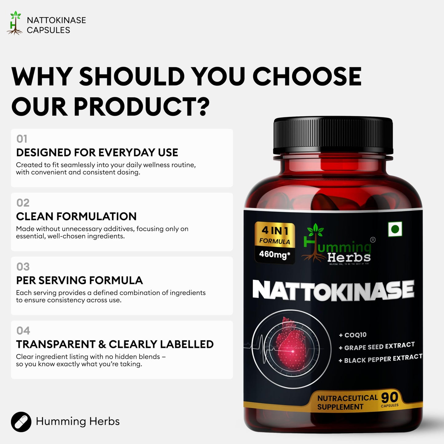 Humming Herbs Nattokinase 300 mg with CoQ10, Grape Seed Extract and Black Pepper Capsules, 90 Count