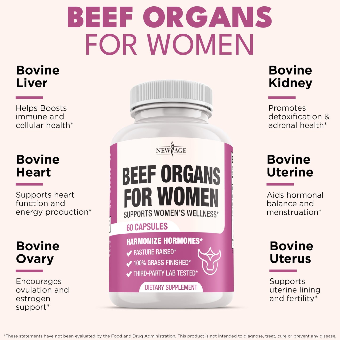NEW AGE Beef Organ Supplement for Women - Beef Liver, Kidney, Heart and Uterus Tissue, 60 Capsules