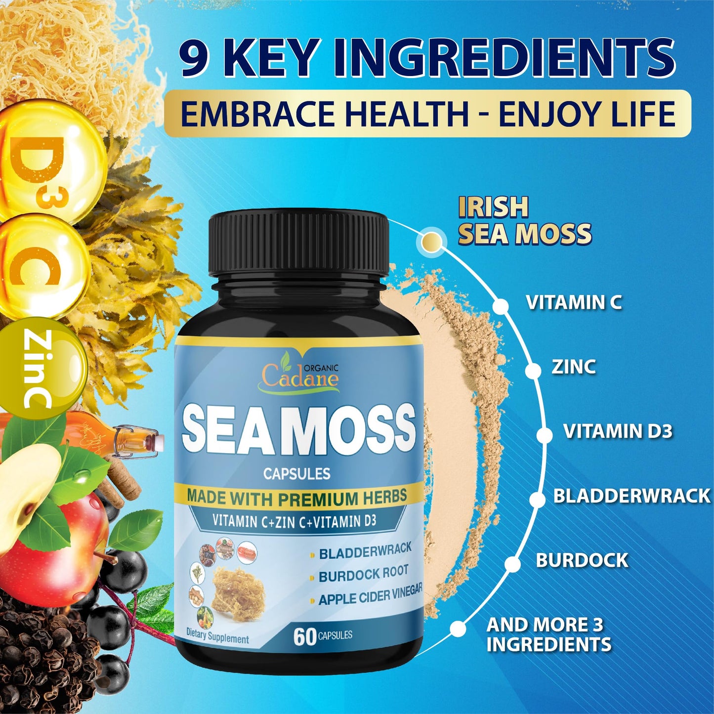Organic Cadane Irish Sea Moss Powder Capsules, 60 Capsules