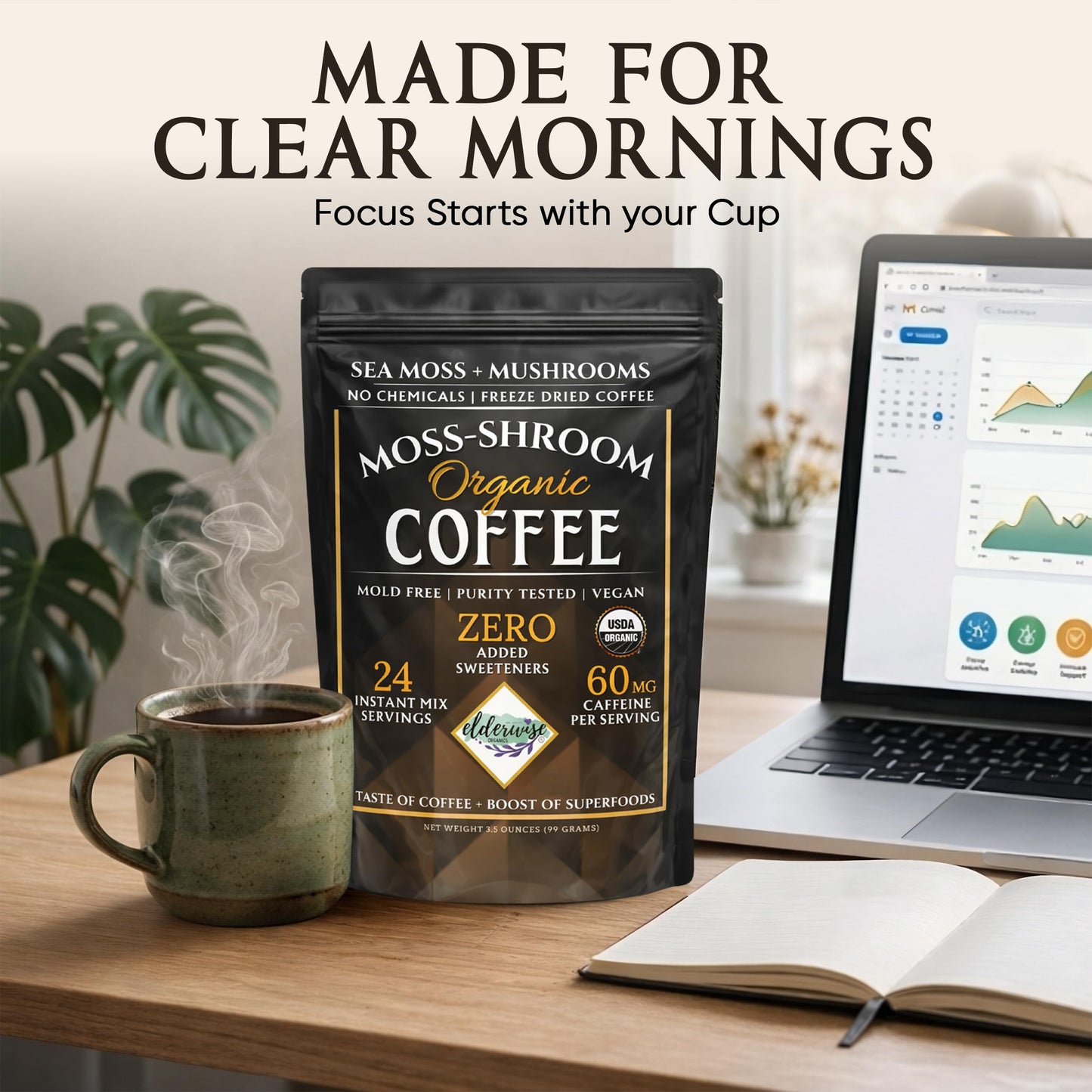 Elderwise Organics Made With Love Mushroom Coffee with Sea Moss Powder 3.5 Ounce