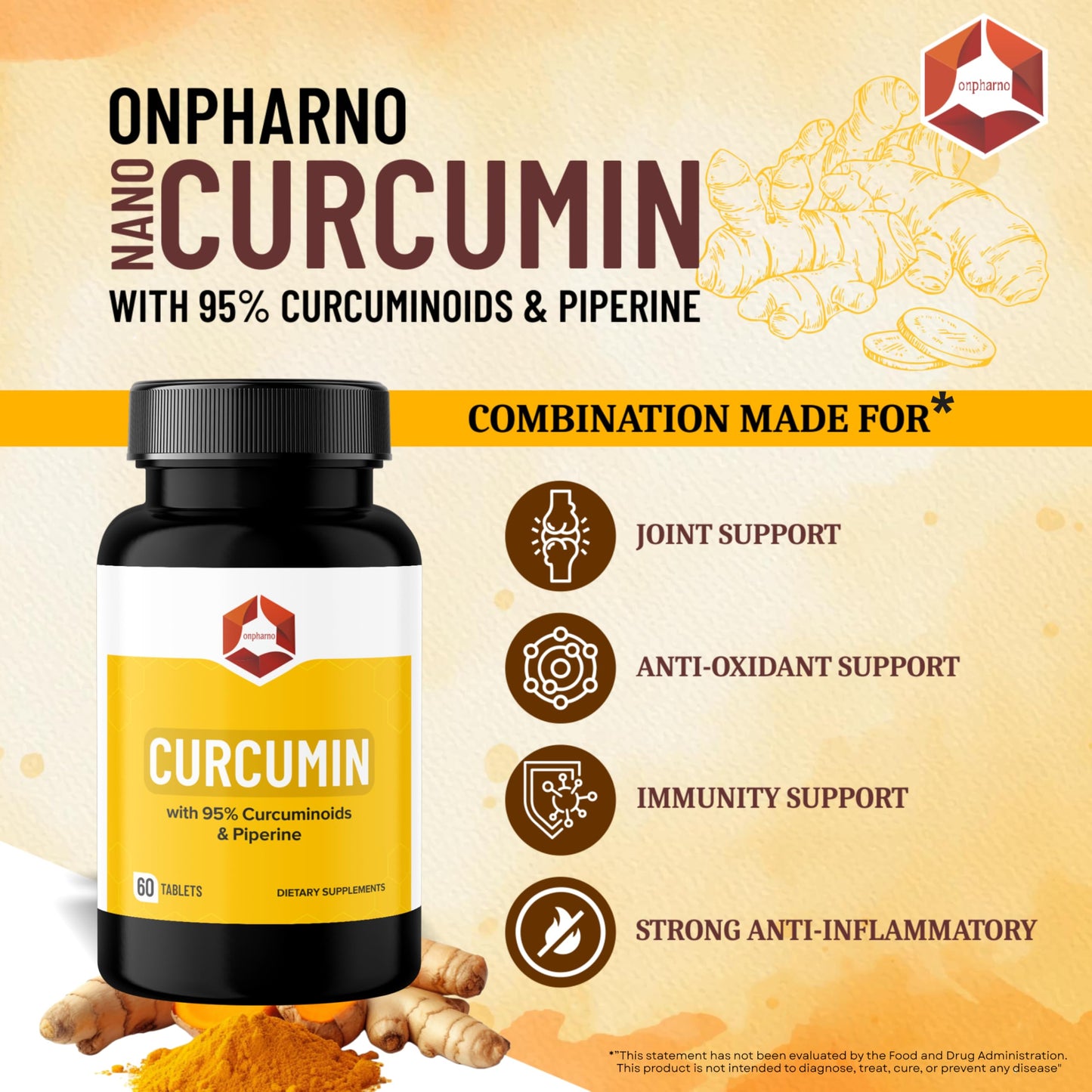Onpharno Curcumin Tablets with 95% Curcuminoids & Piperine, Turmeric Extract with Black Pepper, 60 Tablets
