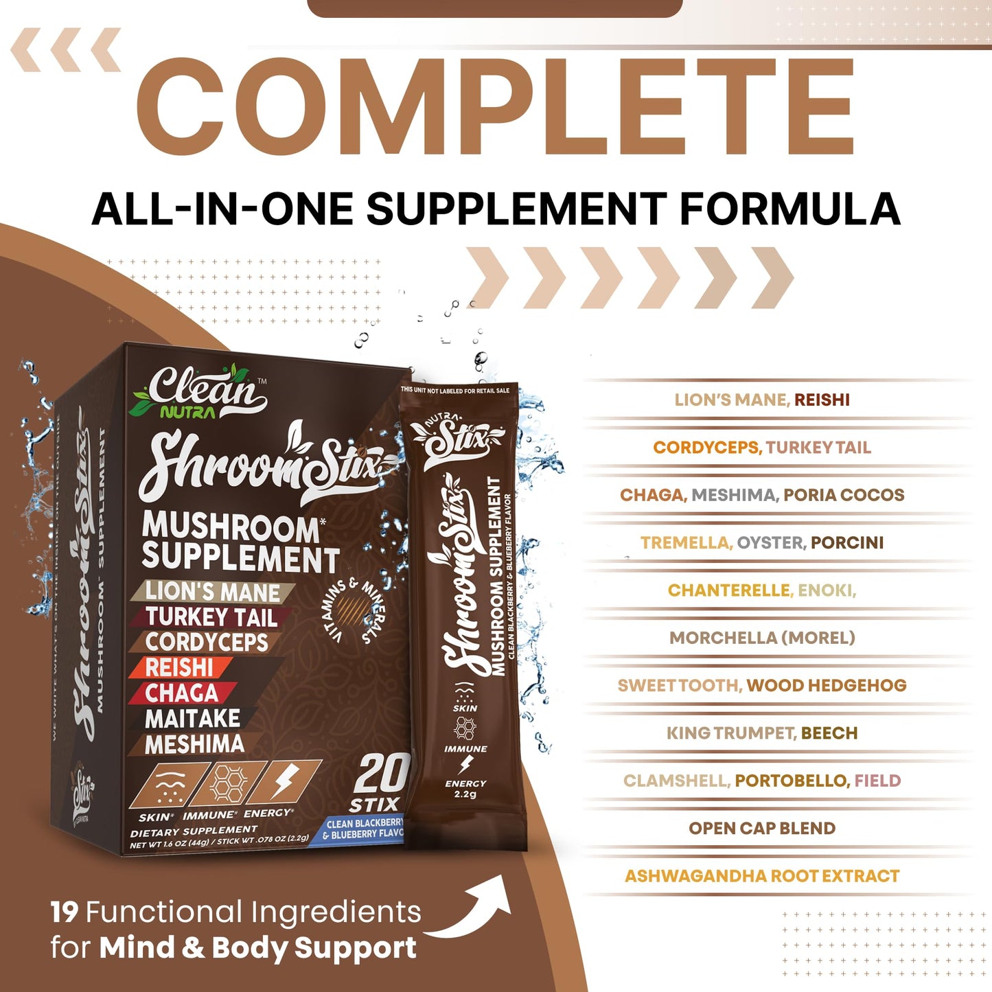 Clean Nutraceuticals Lions Mane Mushroom Supplement with Turkey Tail Reishi Cordyceps Chaga Maitake Meshima Poria Cocos Shiitake Oyster Porcini Enoki, 60 Capsules
