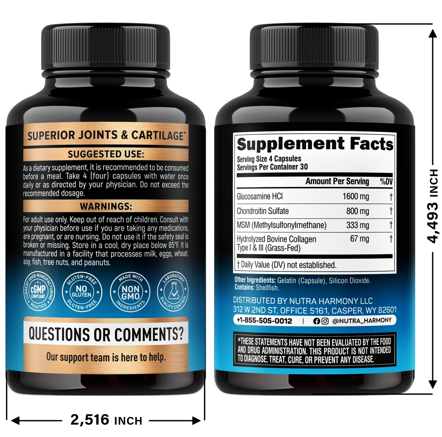 NUTRAHARMONY Glucosamine Chondroitin & Magnesium Glycinate with Glycine, 240 Capsules