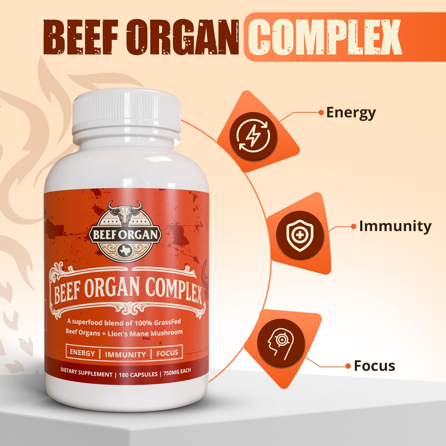 Ancient Diosa Grass Fed Beef Organ Complex 4000mg Supplement for Men & Women with Lion's Mane & Ceylon Cinnamon - Energy, Immunity & Focus - Pasture Raised, Third Party Tested & USA Made - 180 Capsules