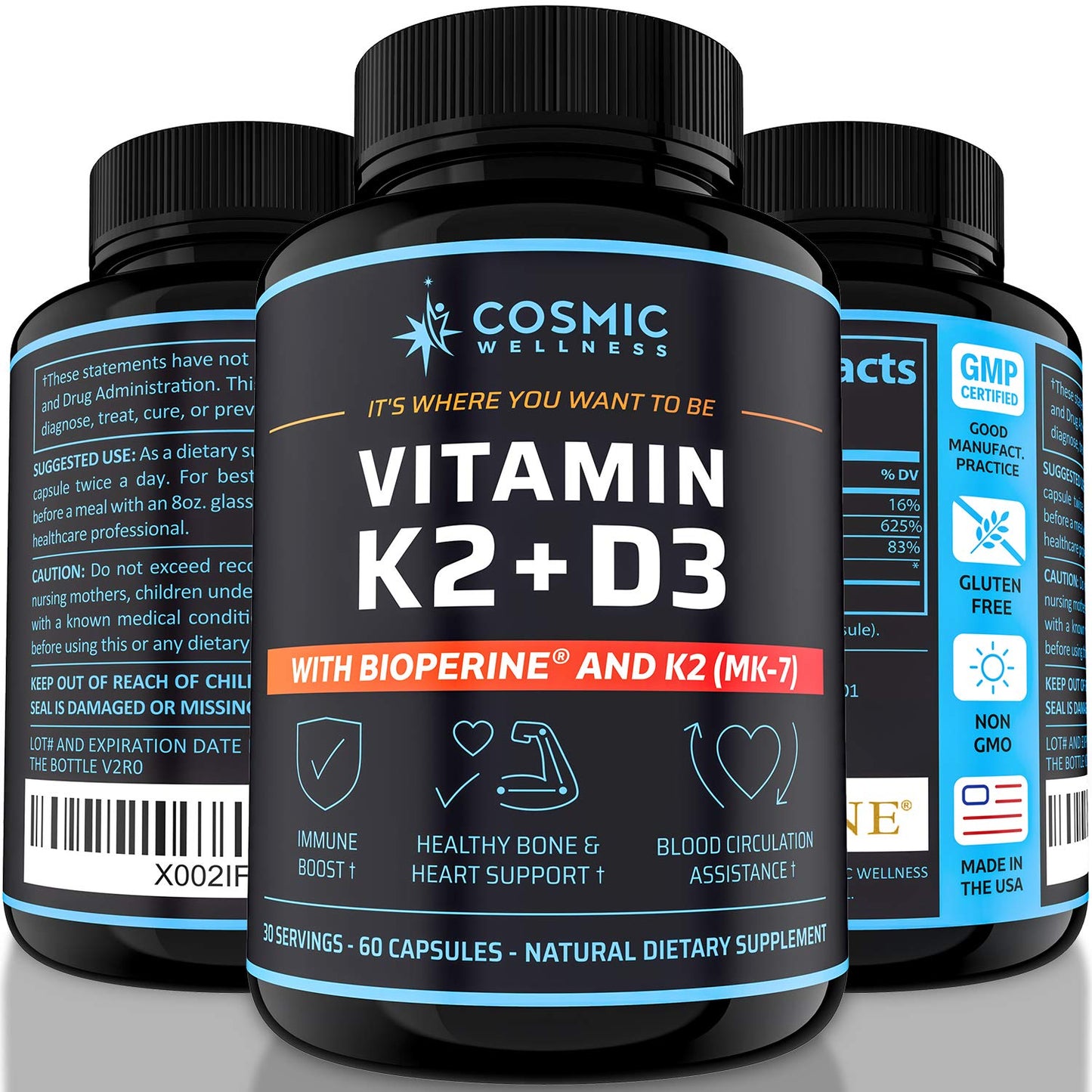 COSMIC WELLNESS K2 D3 Vitamin Supplement 5000 IU Capsules, 60 Count