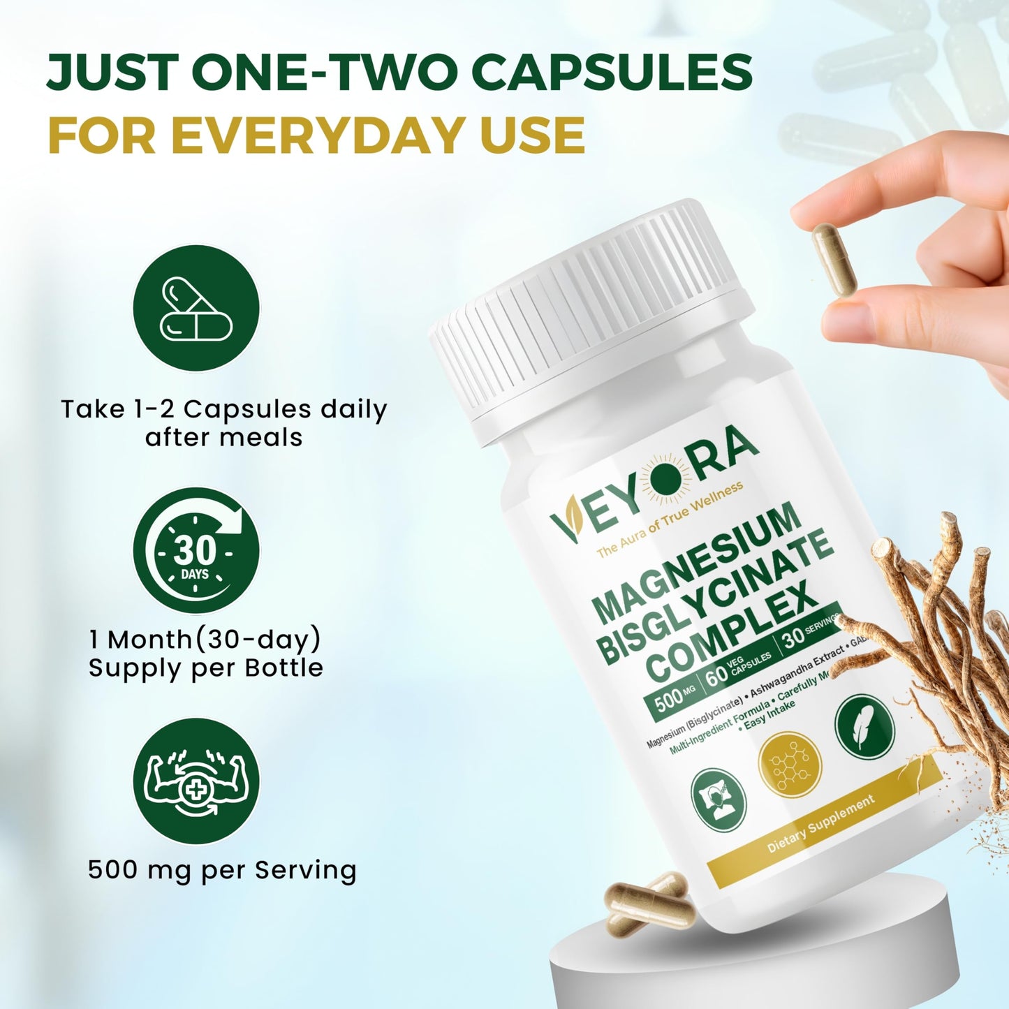 VEYORA Magnesium Bisglycinate Complex 5000 mg Capsules, 60 Count