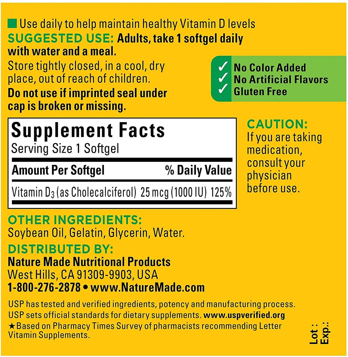 Nature Made Vitamin D3 1000 IU Supplement Softgels, 200 Count