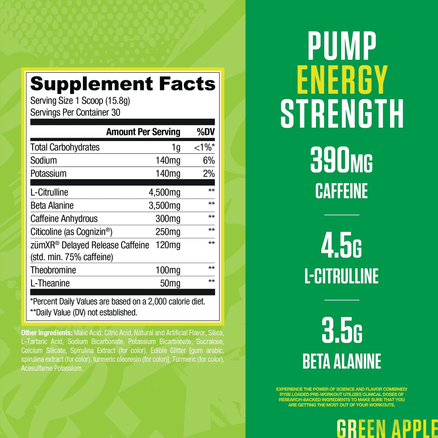 RYSE Up Supplements Loaded Pre Workout Powder Sour Punch Green Apple, 15.3 oz