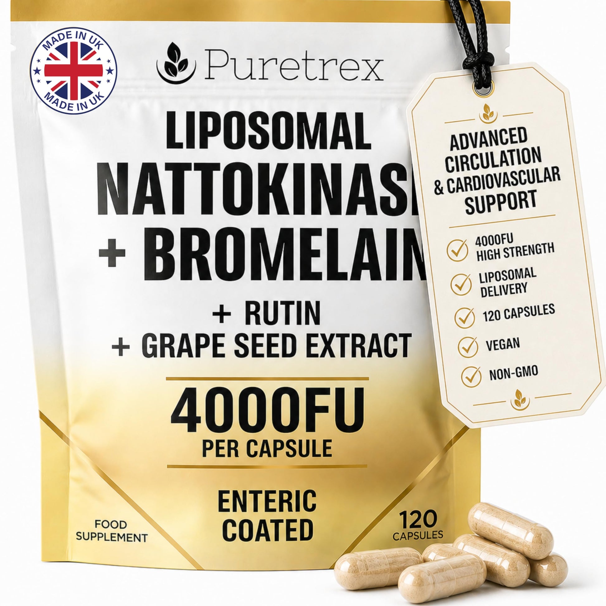 PURETREX Liposomal Nattokinase 4000 FU + Bromelain 200mg with Rutin + Grape Seed Extract, Enteric Coated Capsules, Circulation & Cardiovascular Support, Non-GMO, Made in UK, 120 Capsules