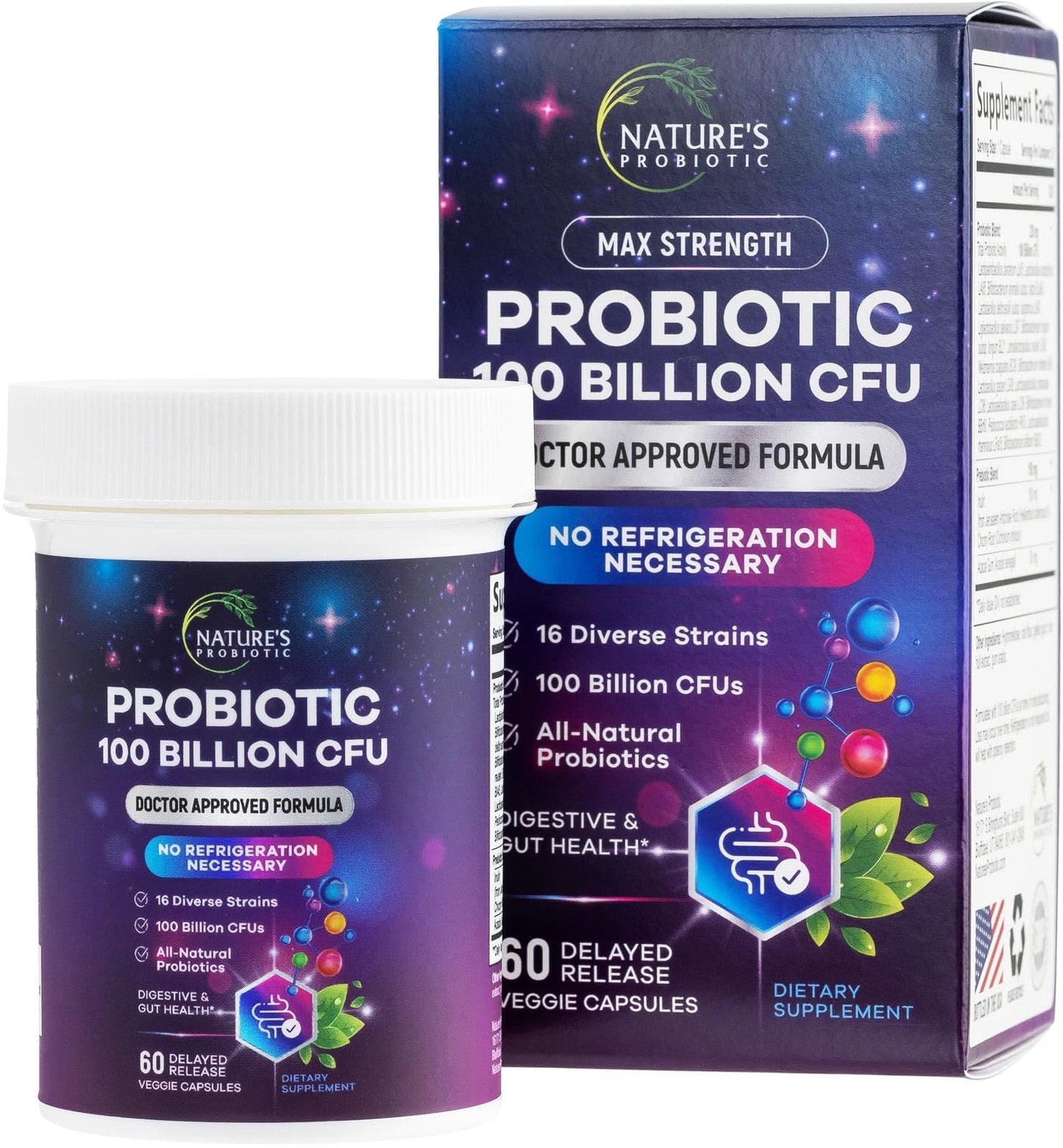 Nature's Probiotic Probiotics for Digestive Health - Probiotic Blend 100 Billion CFU Per Capsule, 16 Premium Strains & Prebiotics, 60 Capsules