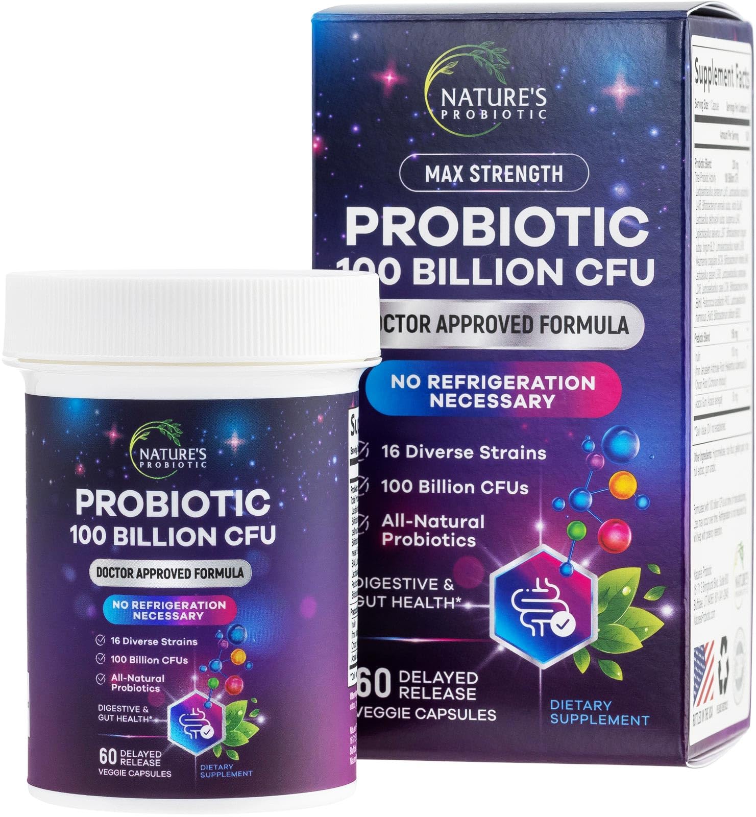 Nature's Probiotic Probiotics for Digestive Health - Probiotic Blend 100 Billion CFU Per Capsule, 16 Premium Strains & Prebiotics, 60 Capsules