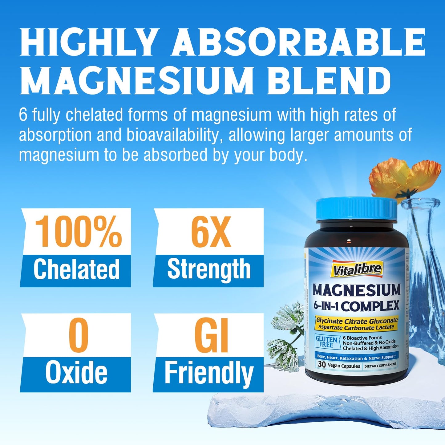 Vitalibre 6 in 1 Magnesium Complex for Women and Men, 260mg Elemental Magnesium 120 Capsules
