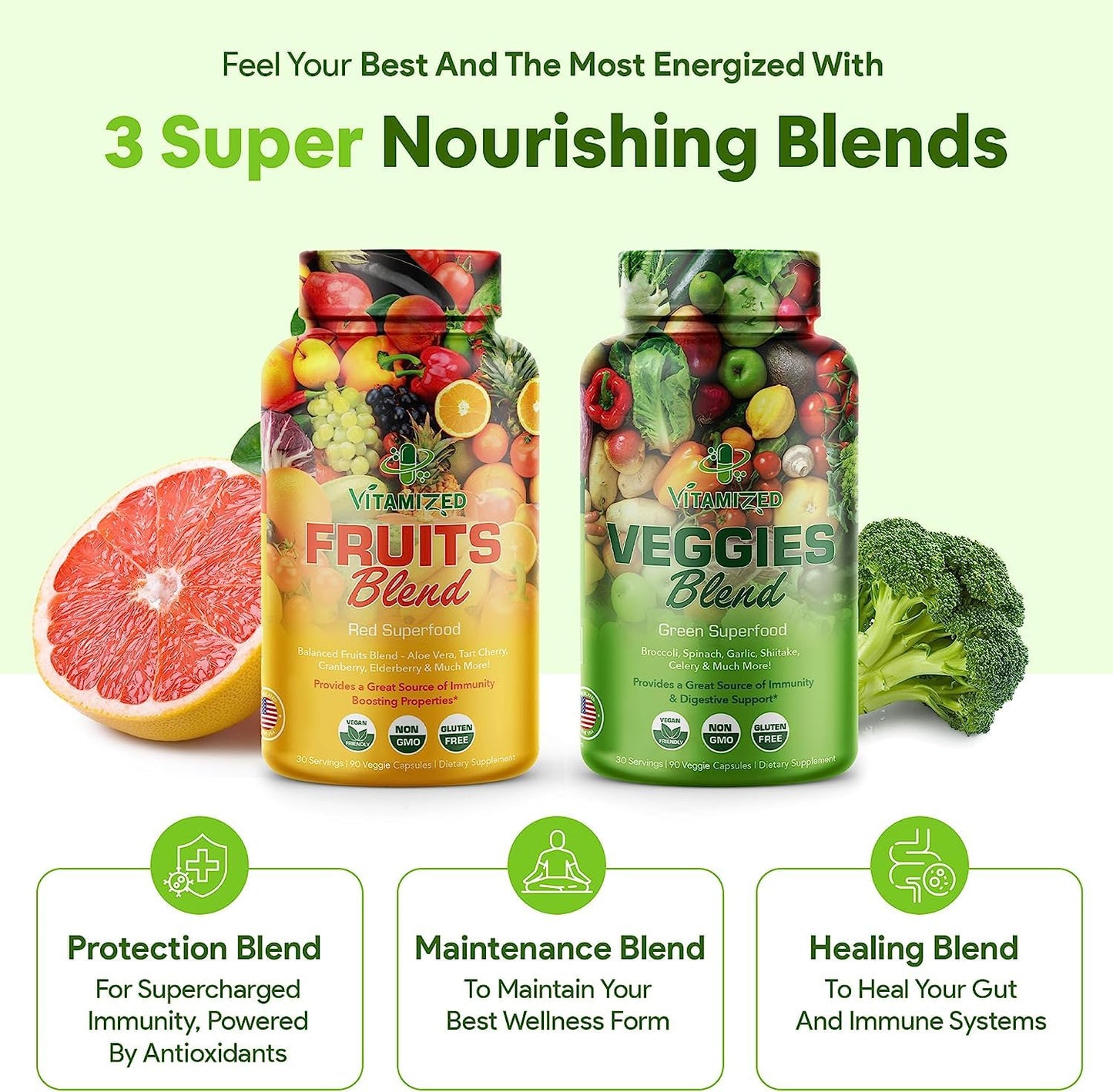 VITAMIZED 38 Fruits and Vegetables Supplement For Overall Health & Energy Capsules, 180 Count