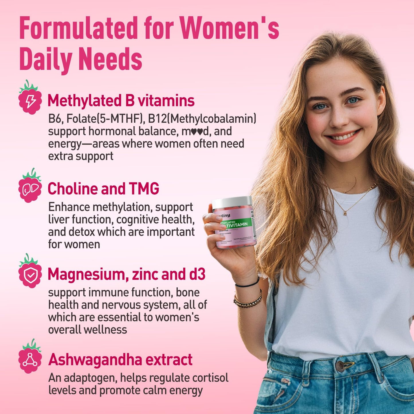 Yutiny Methylated Multivitamin for Women Gummies, Methyl B Complex Vitamins with D3 Zinc Choline TMG for Energy & Nervous System, Vegan, Sugar Free, 60 Gummies