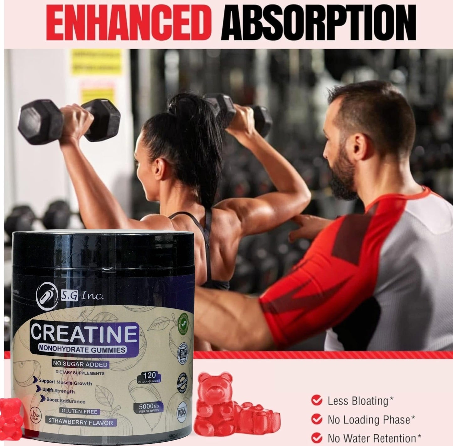 S.G Inc Creatine Monohydrate Gummies for Men & Women, 120 Count