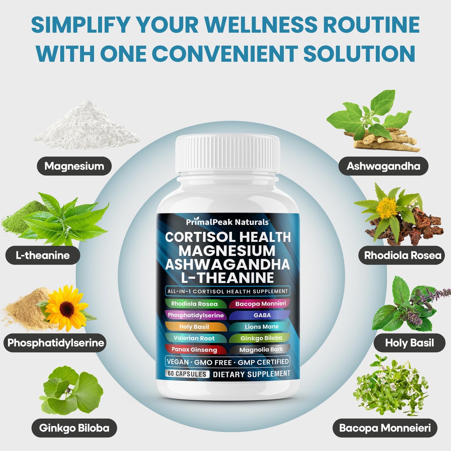 PrimalPeak Naturals Cortisol Supplements Capsules 60 Count