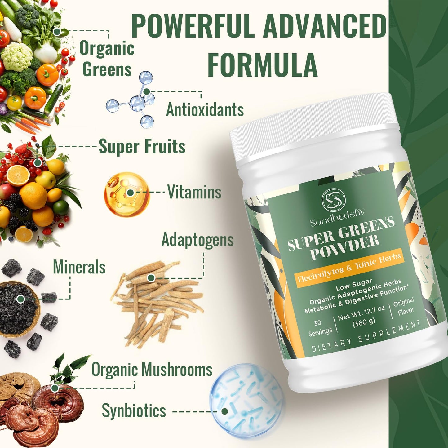 Sundhedsliv Super Greens Powder Superfood + Electrolytes & Tonic Herbs Powder 12.7 Ounce