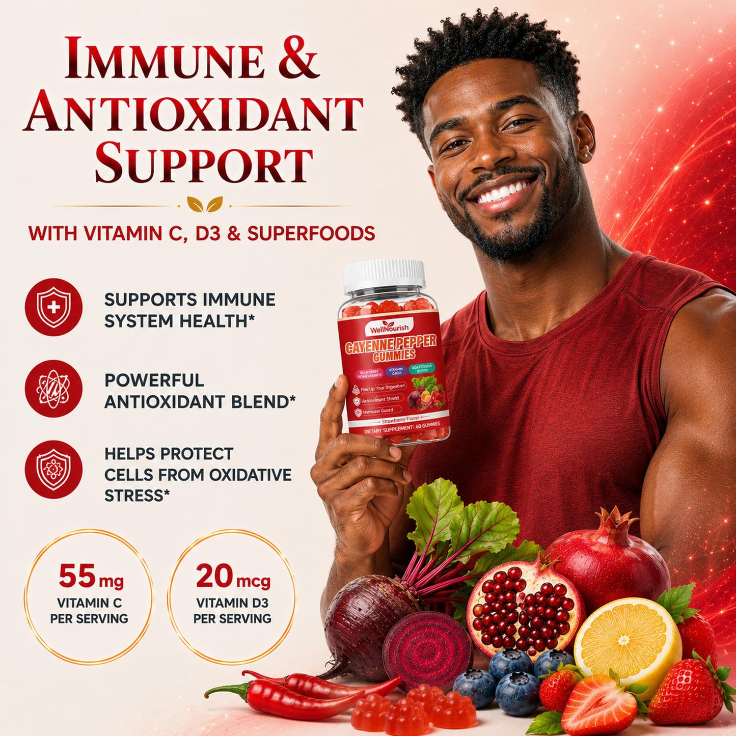Wellnourish Cayenne Pepper Gummies with Vitamin C and D3, 120 Count