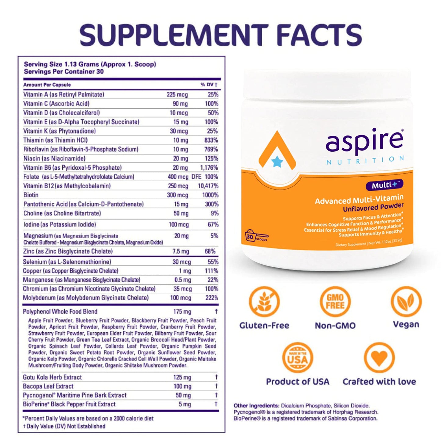 Aspire Nutrition Multi+ Advanced Multivitamin for Kids, Men & Women Powder, 30