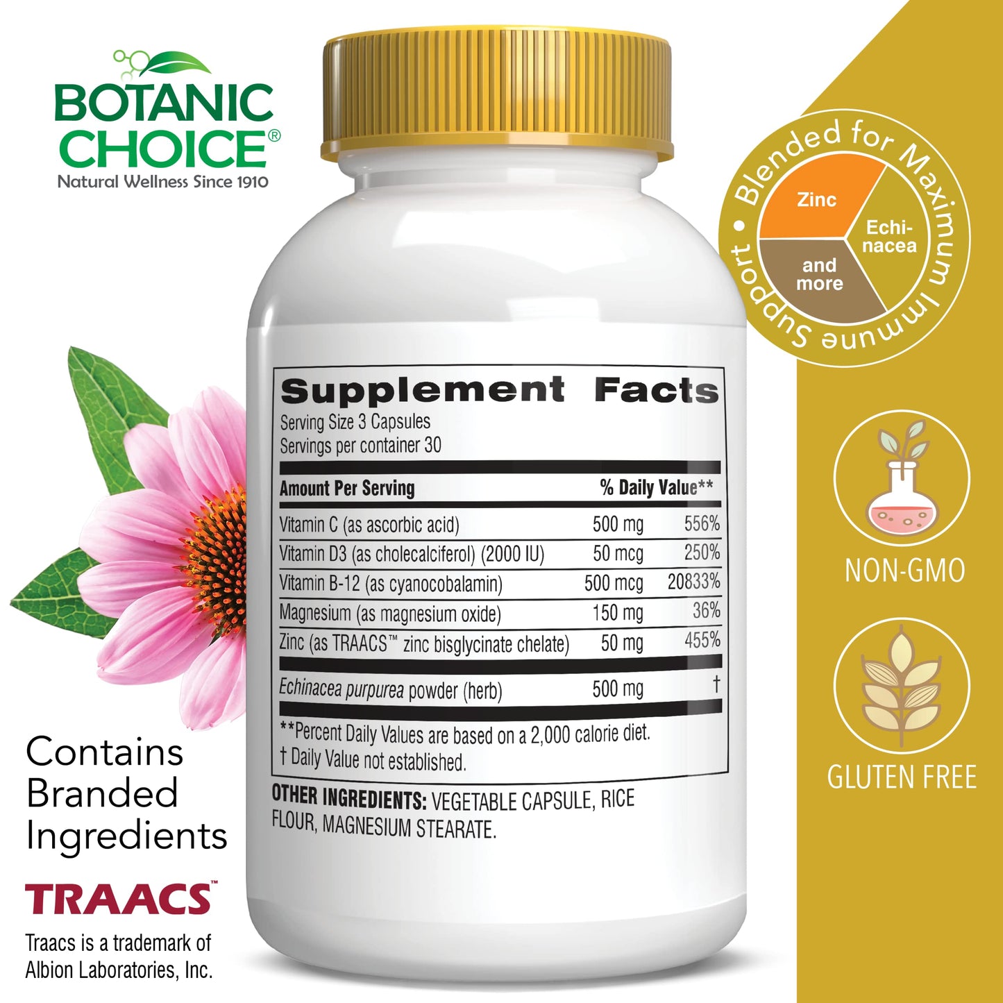 Botanic Choice Daily Immune Support with Vitamin C, Elderberry, and Zinc for Adults Capsules 90